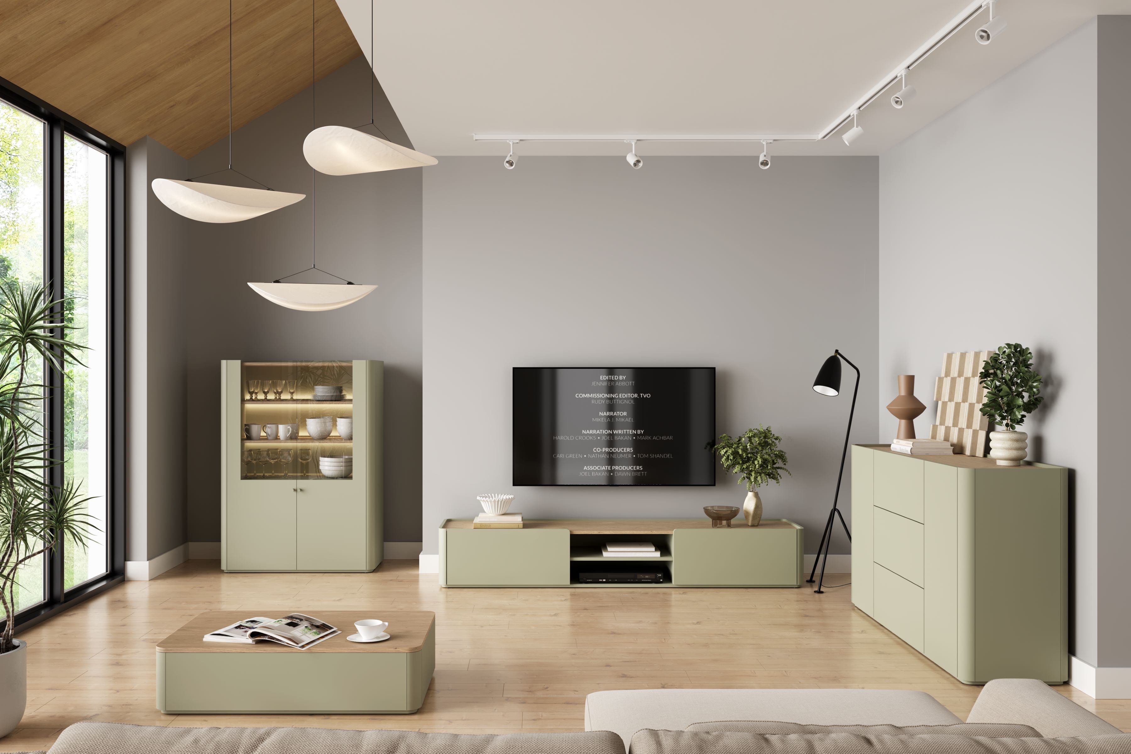 Komoda Elivo 150 cm - eukalyptus / dub baltic dune Komoda Elivo 150 cm so zásuvkami - eukaliptus / Dub baltic dune