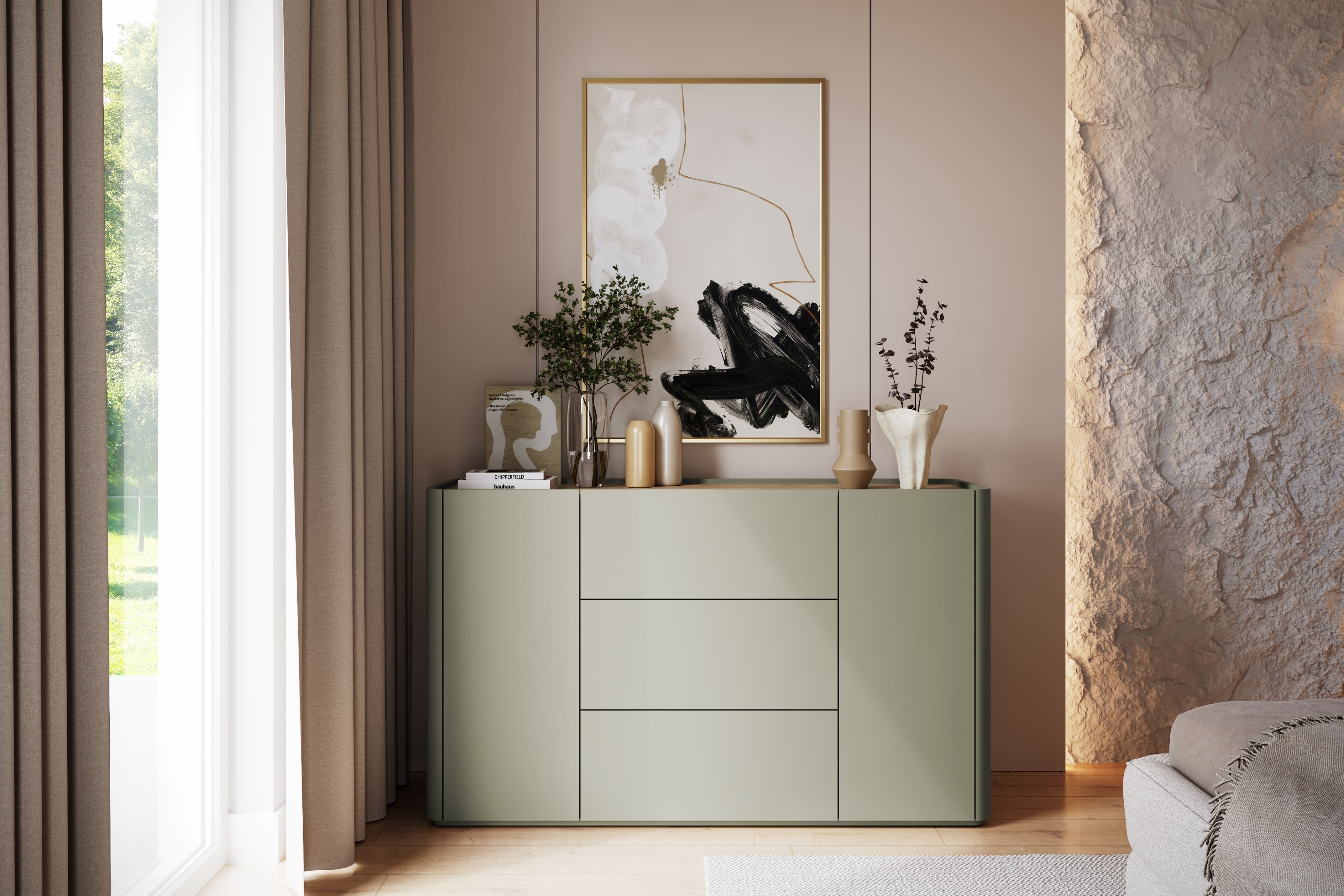 Komoda Elivo 150 cm - eukalyptus / dub baltic dune Komoda Elivo 150 cm so zásuvkami - eukaliptus / Dub baltic dune