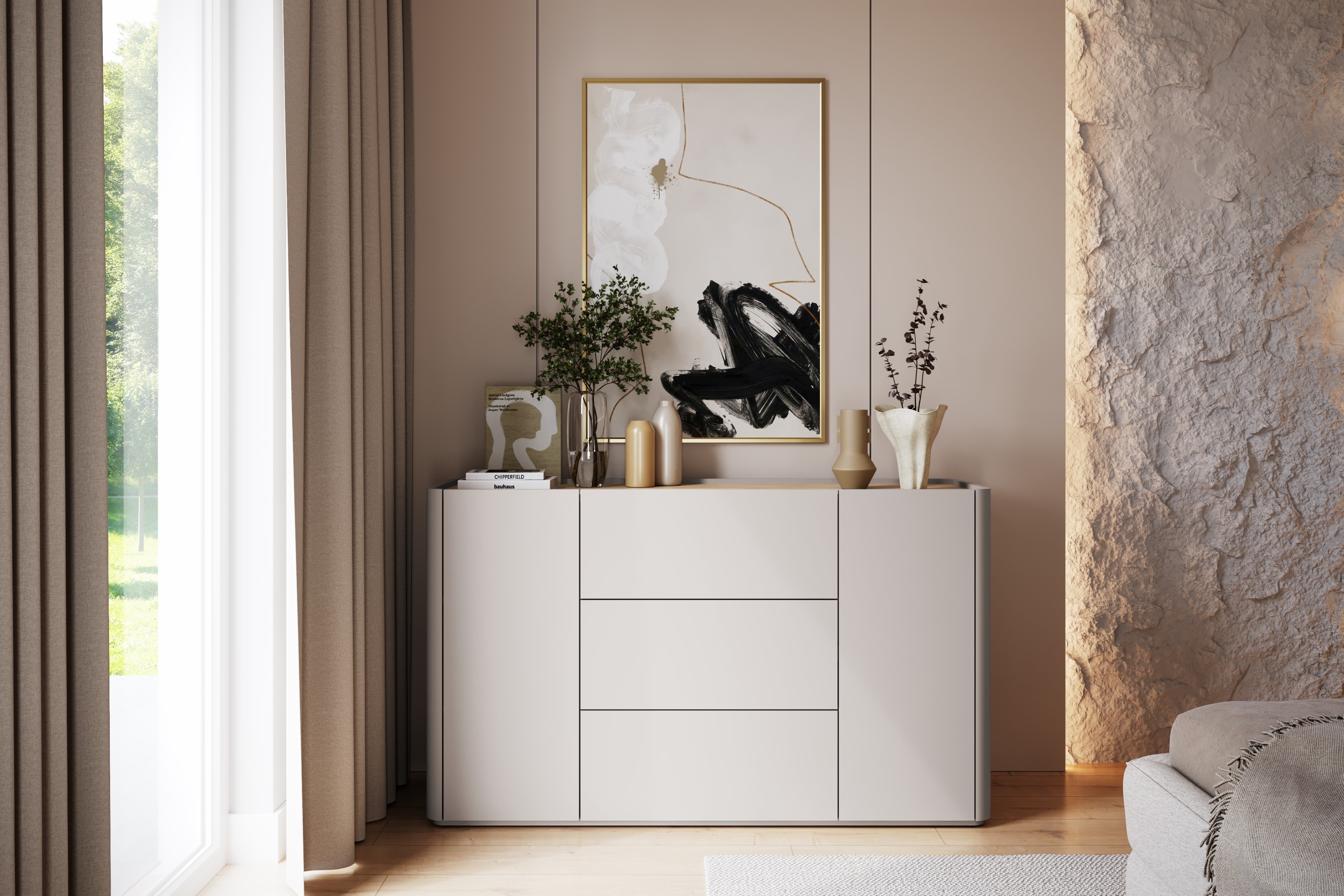 Komoda Elivo 150 cm - kašmírová / dub olejovaný Komoda Elivo 150 cm so zásuvkami - kašmír / Dub olejowany