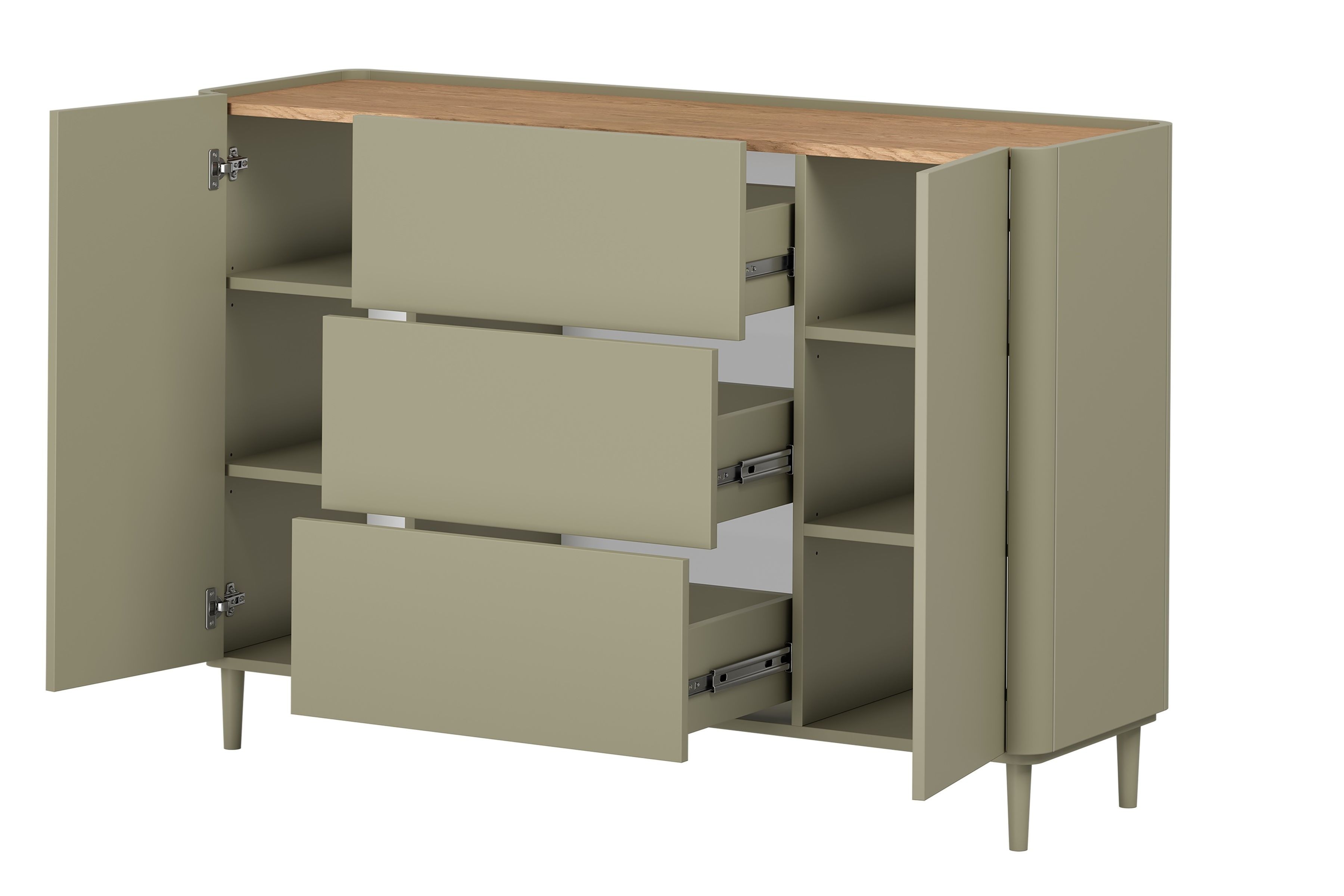 Komoda Elivo 150 cm na nožičkách - eukalyptus / dub baltic dune Komoda Elivo 150 cm so zásuvkami na nôžkach - eukaliptus / Dub baltic dune