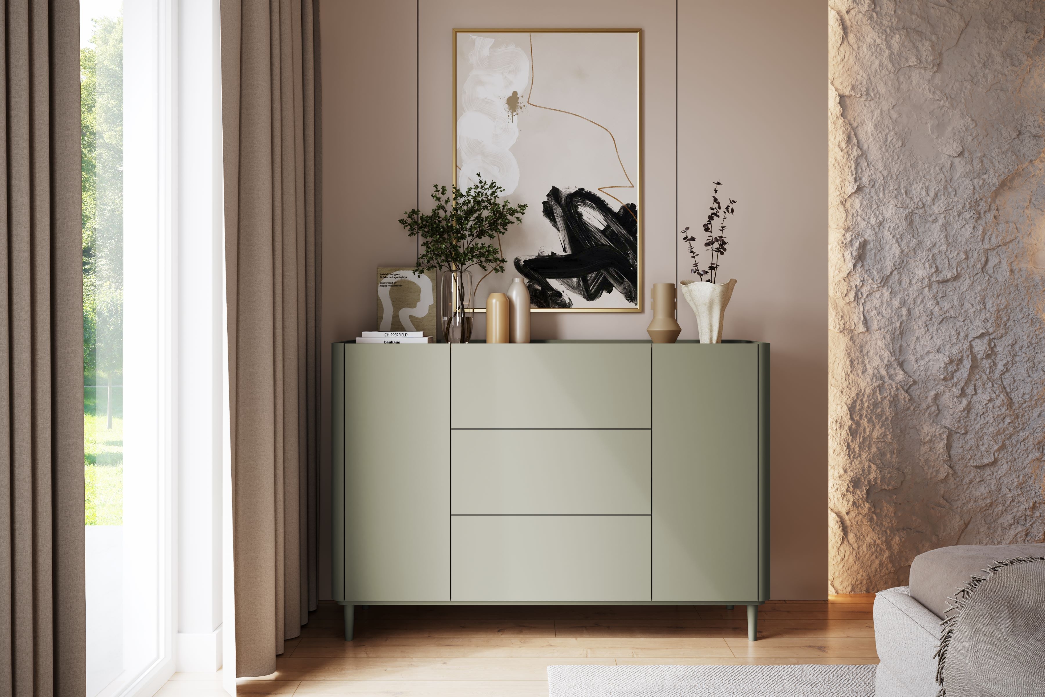 Komoda Elivo 150 cm na nožičkách - eukalyptus / dub baltic dune Komoda Elivo 150 cm so zásuvkami na nôžkach - eukaliptus / Dub baltic dune