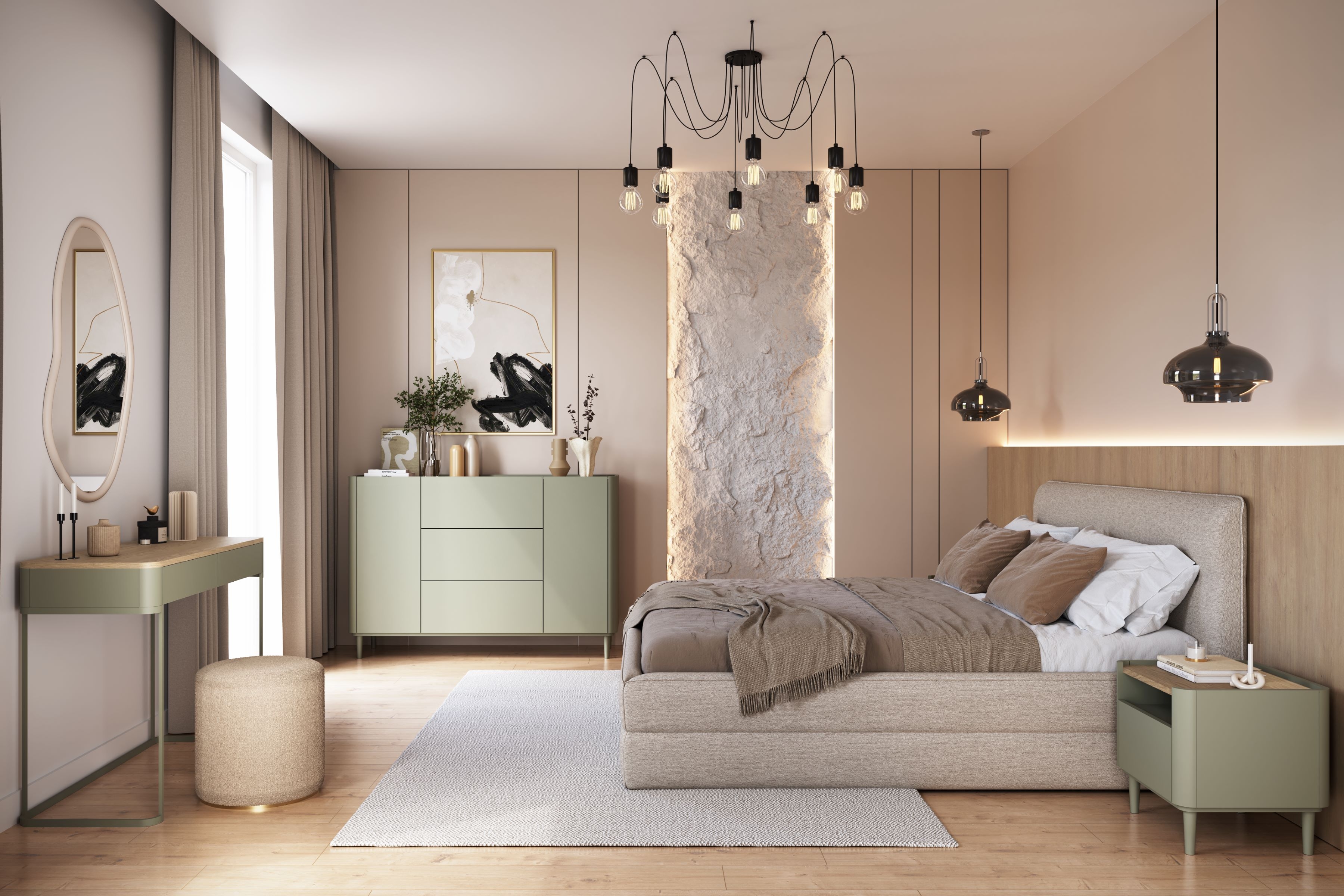 Komoda Elivo 150 cm na nožičkách - eukalyptus / dub baltic dune Komoda Elivo 150 cm so zásuvkami na nôžkach - eukaliptus / Dub baltic dune