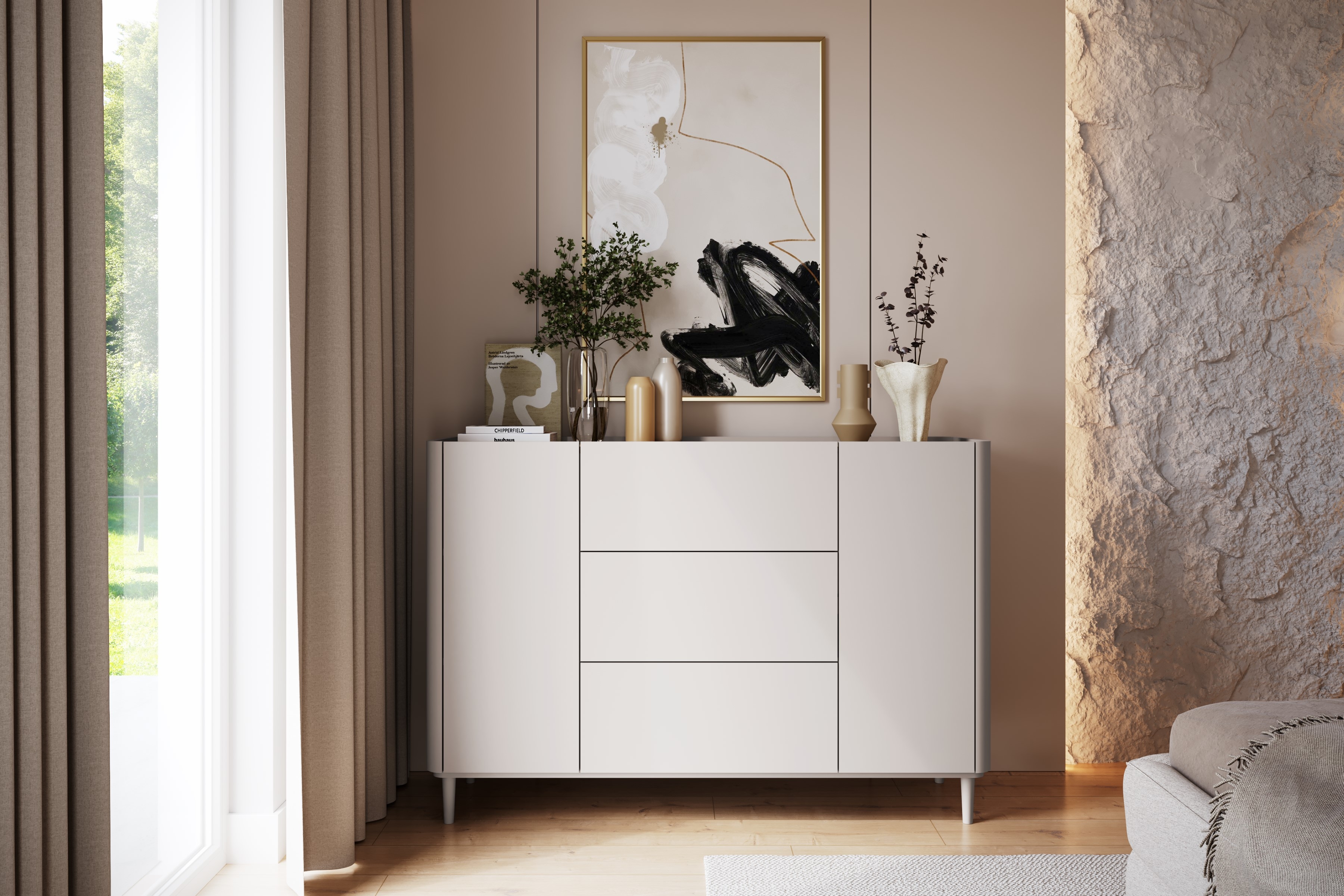 Komoda Elivo 150 cm so zásuvkami na nožičkách - kašmír / olejovaný dub Komoda Elivo 150 cm so zásuvkami na nôžkach - kašmír / Dub olejowany