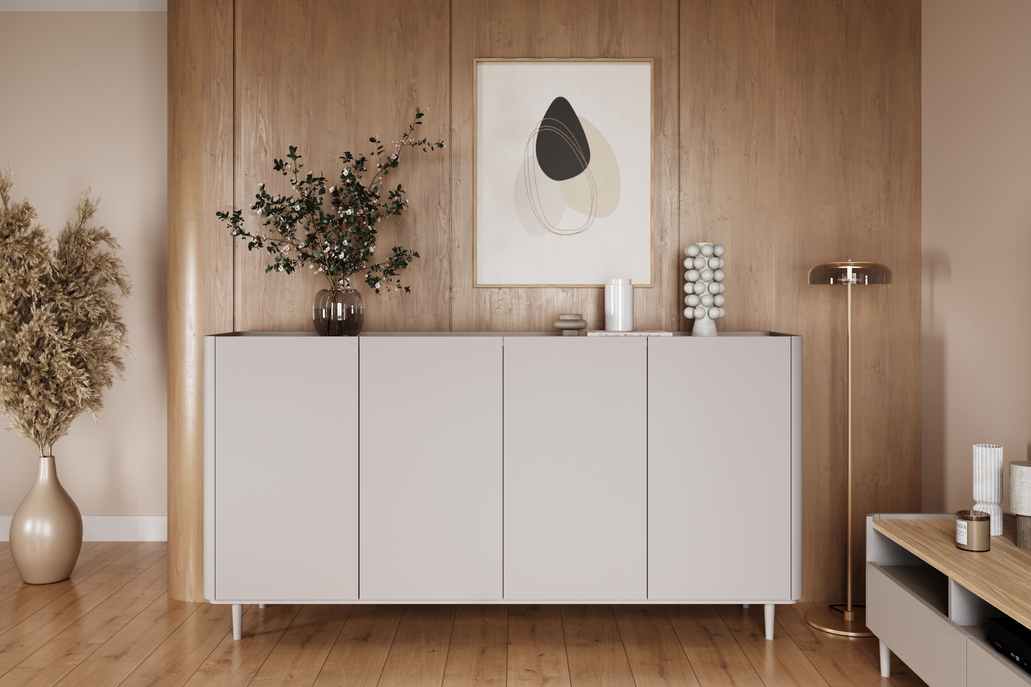 Komoda Elivo 200 cm na nožičkách - kašmírová / dub olejovaný Komoda Elivo 200 cm na nôžkach - kašmír / Dub olejowany