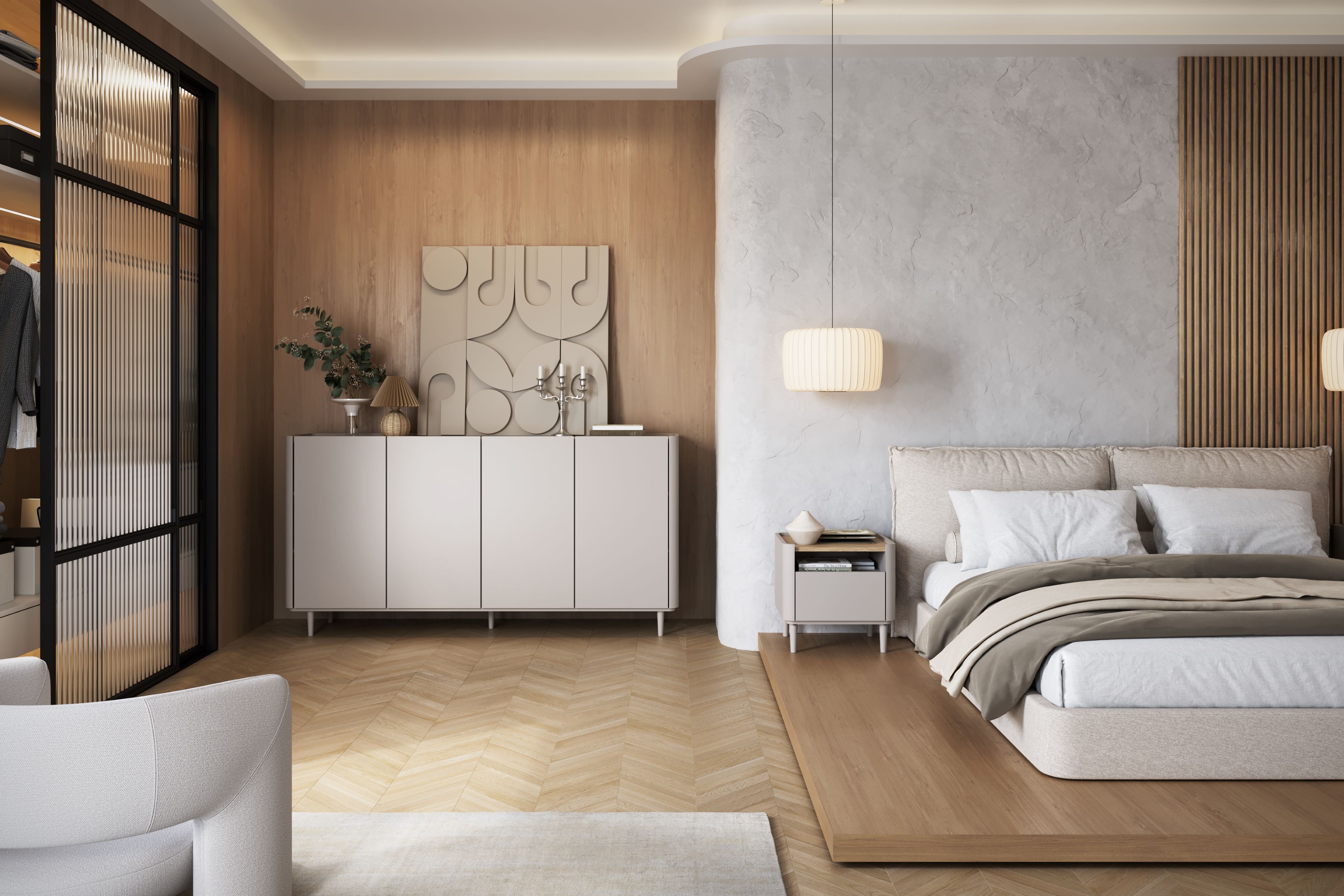 Komoda Elivo 200 cm na nožičkách - kašmírová / dub olejovaný Komoda Elivo 200 cm na nôžkach - kašmír / Dub olejowany