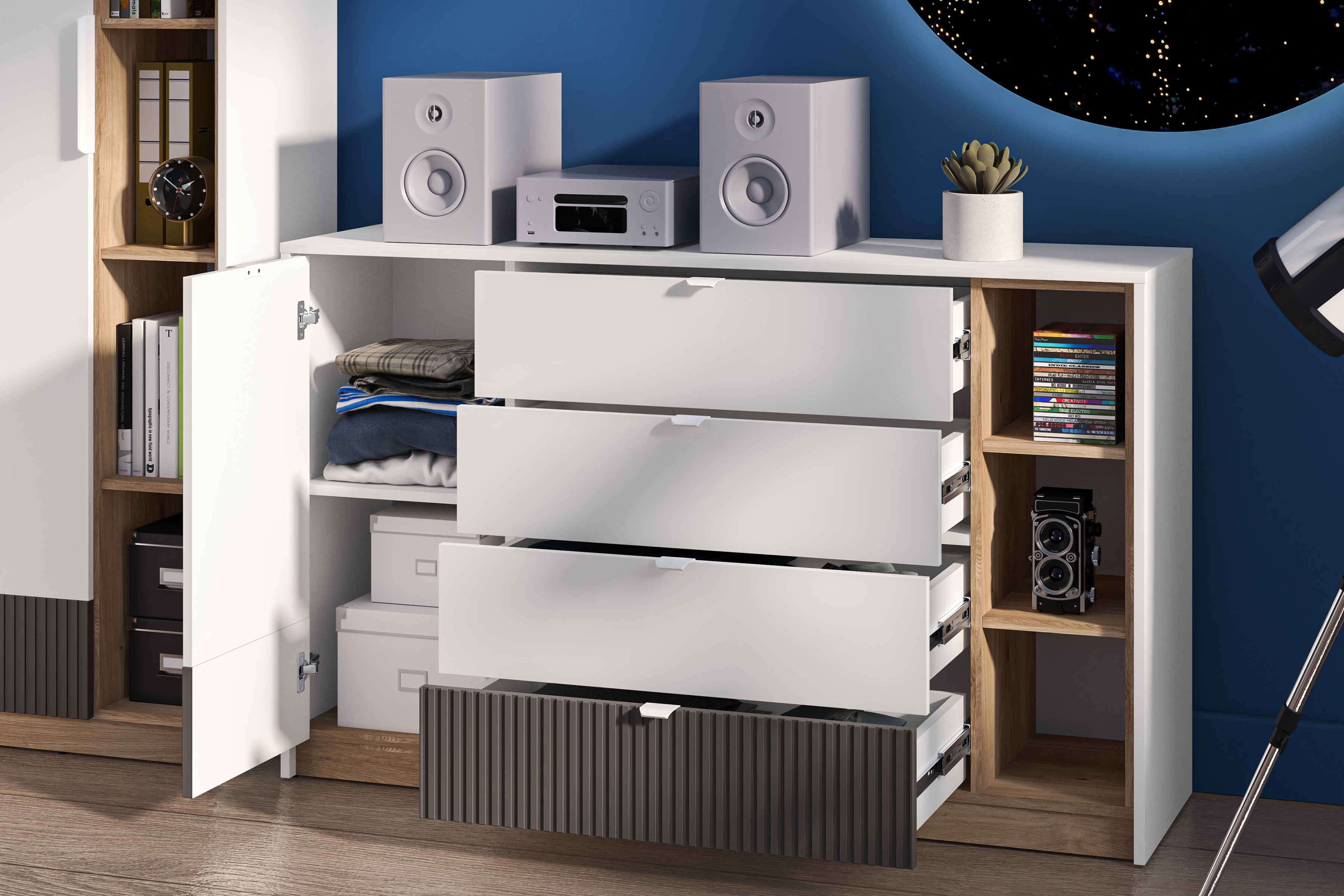 Komoda Gaoli se zásuvkami 138 cm - bílá / dub castello / grafit Komoda Gaoli 06 s zásuvkami 138 cm - Bílý / Dub castello / grafit