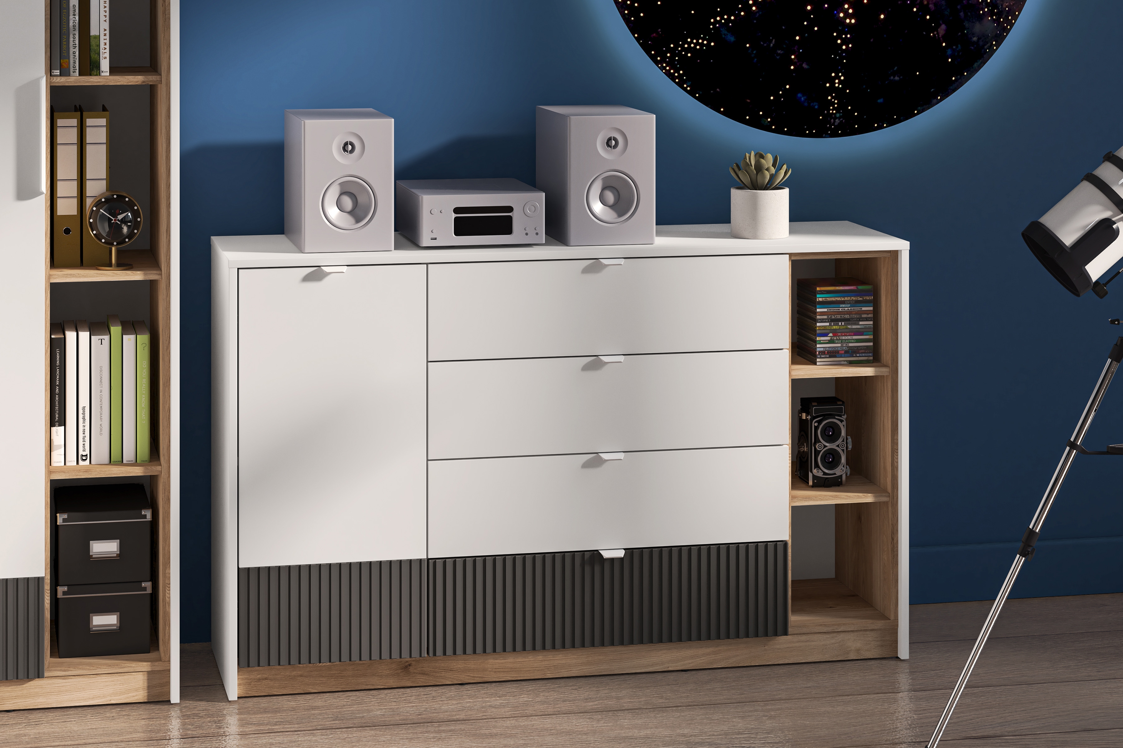 Komoda Gaoli se zásuvkami 138 cm - bílá / dub castello / grafit Komoda Gaoli 06 s zásuvkami 138 cm - Bílý / Dub castello / grafit