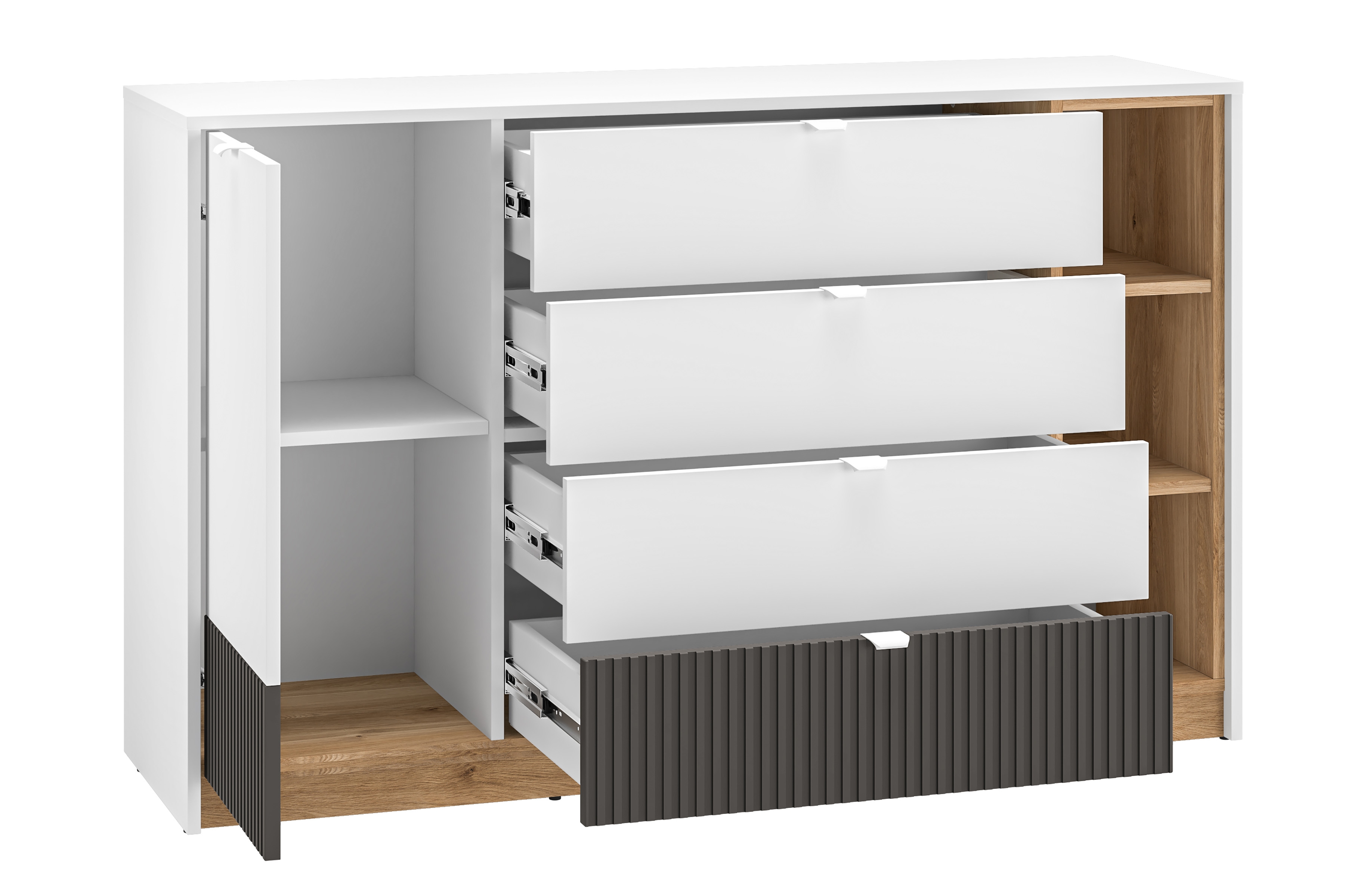 Komoda Gaoli se zásuvkami 138 cm - bílá / dub castello / grafit Komoda Gaoli 06 s zásuvkami 138 cm - Bílý / Dub castello / grafit