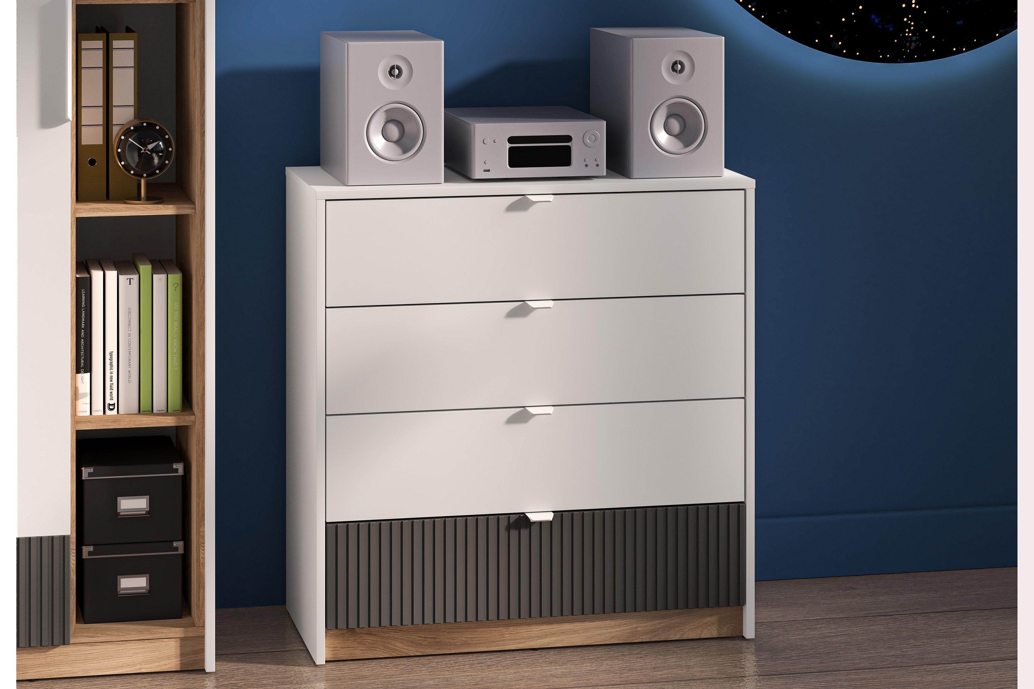 Komoda Gaoli se zásuvkami 82 cm - bílá / dub castello / grafit Komoda Gaoli 07 s zásuvkami 82 cm - Bílý / Dub castello / grafit