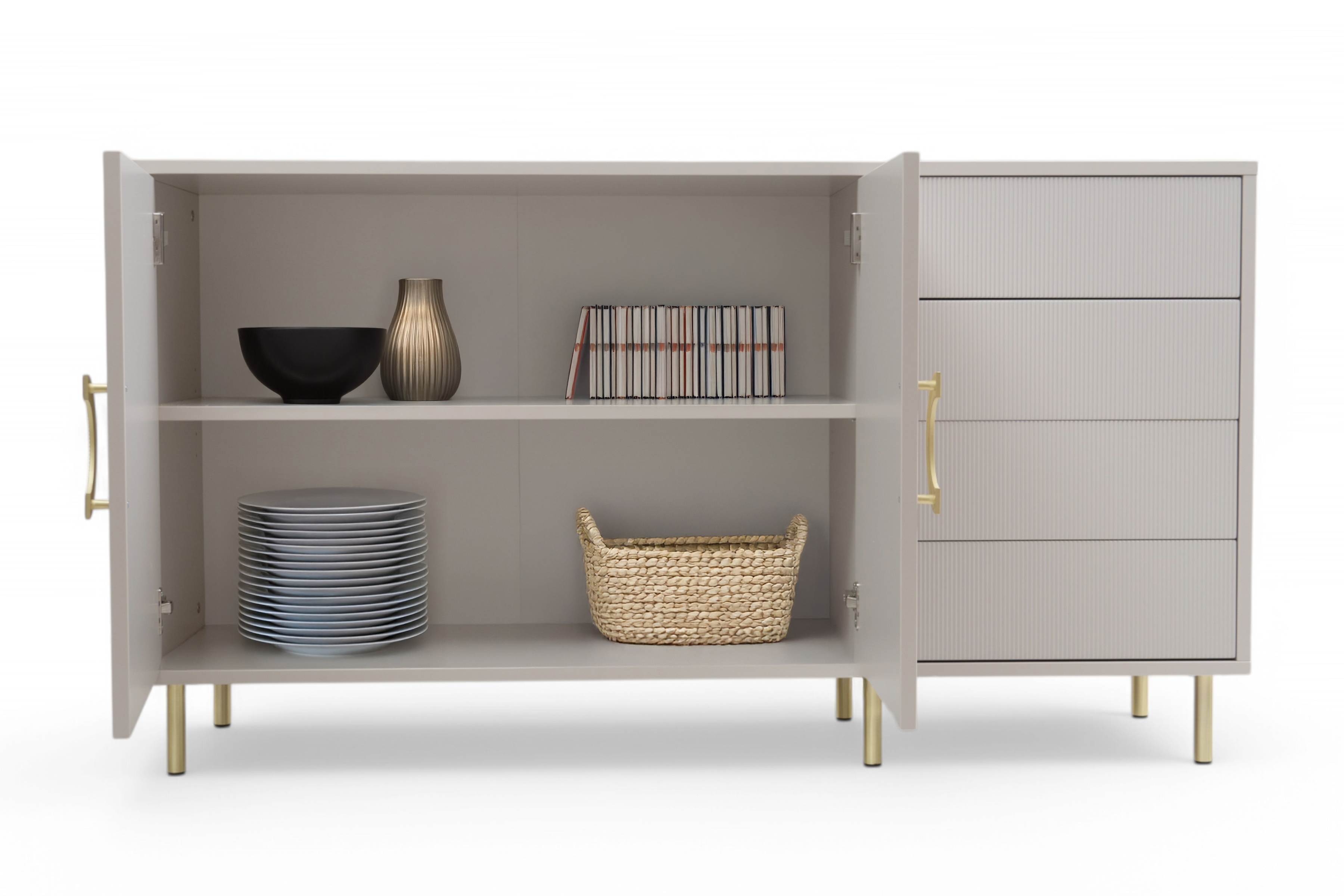 Komoda Nubo 150 cm - kašmírová / zlaté nožky Komoda Gotimo 150 cm se zásuvkami - kašmír / zlote Nohy