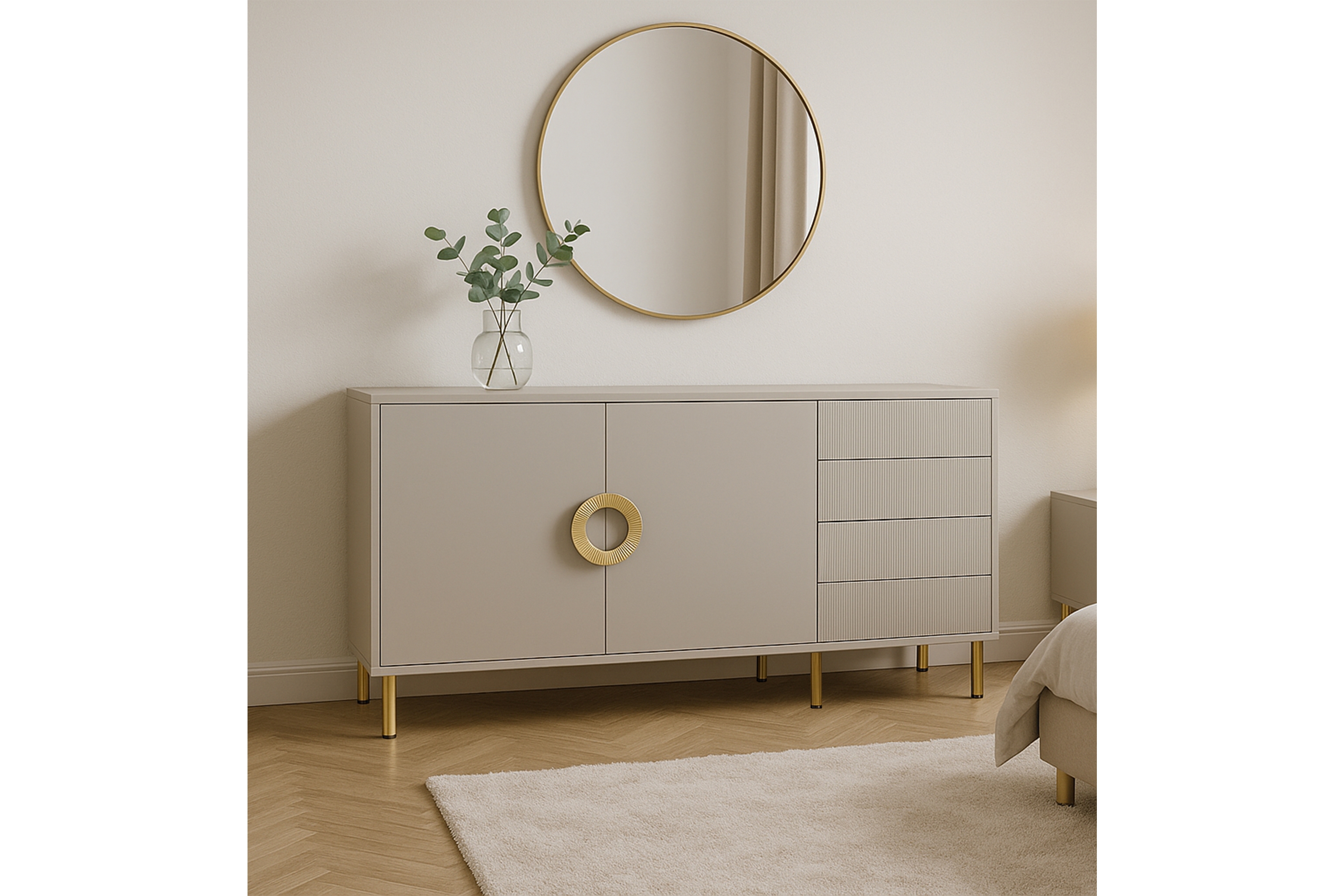 Komoda Nubo 150 cm - kašmírová / zlaté nožky Komoda Gotimo 150 cm se zásuvkami - kašmír / zlote Nohy