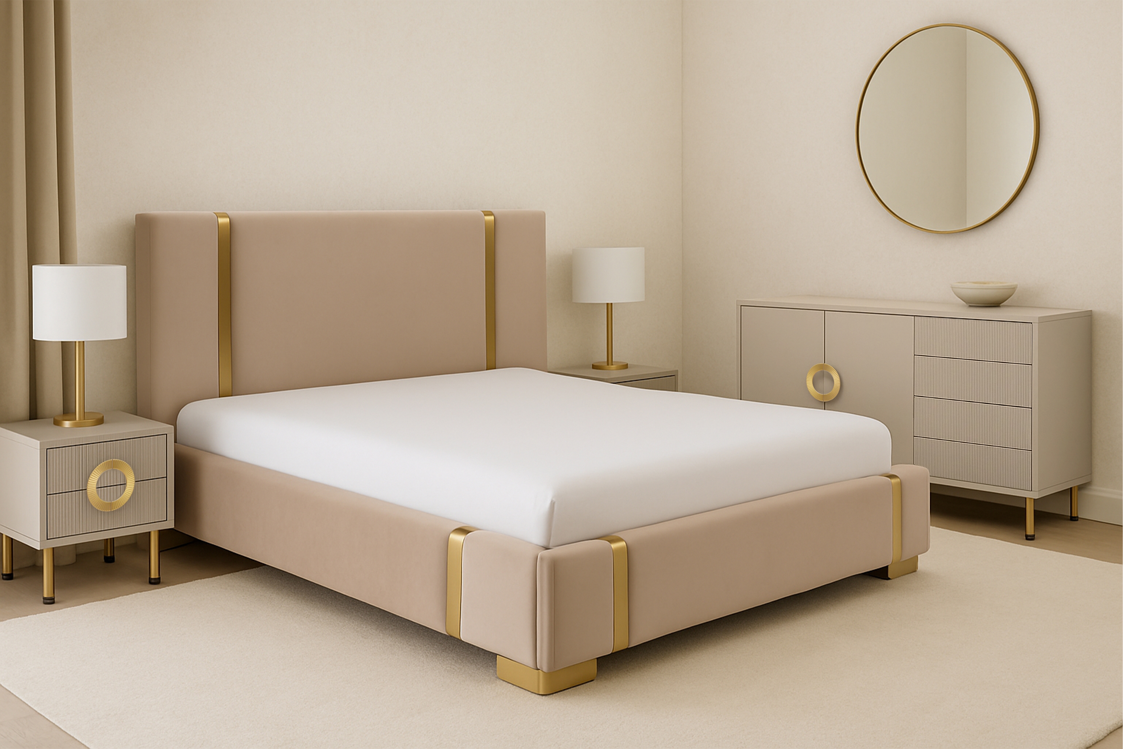 Komoda Nubo 150 cm - kašmírová / zlaté nožky Komoda Gotimo 150 cm se zásuvkami - kašmír / zlote Nohy