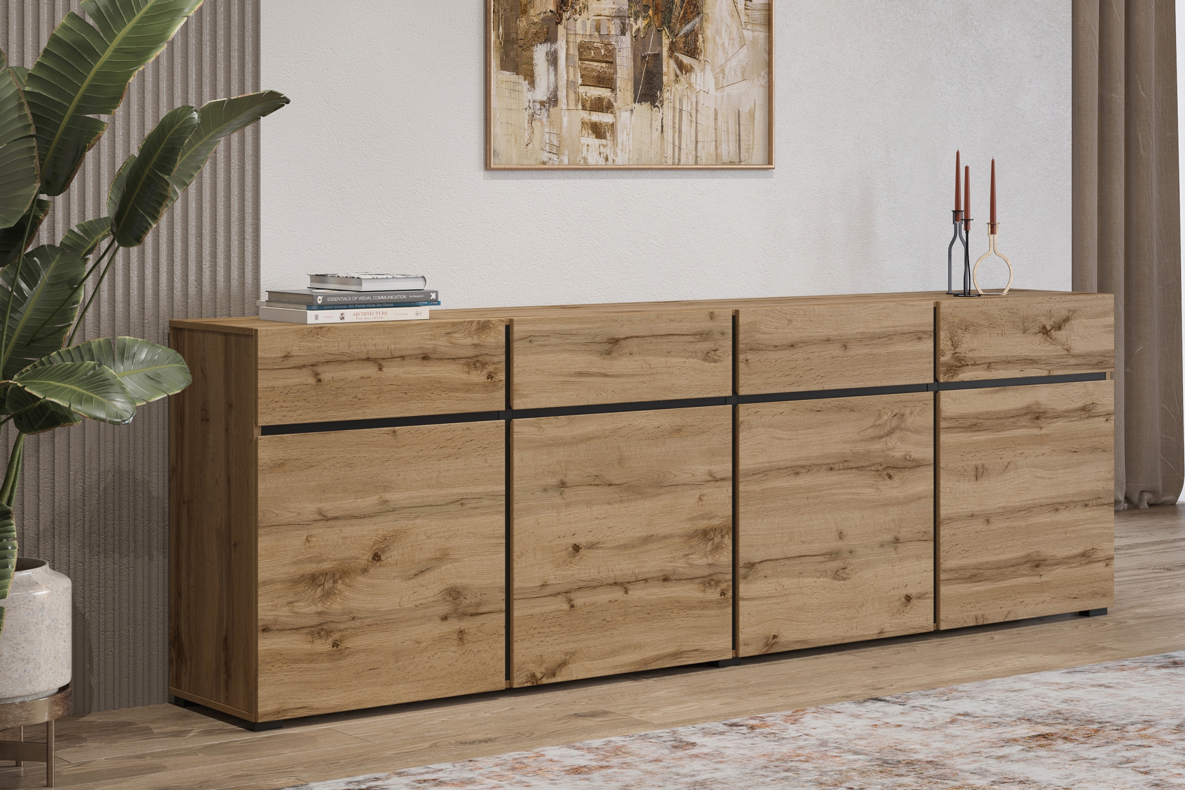 Komoda Cross 225 cm so 4 zásuvkami - dub wotan / čierna Komoda Gramon 225 cm so zásuvkami - Dub wotan / Čierny