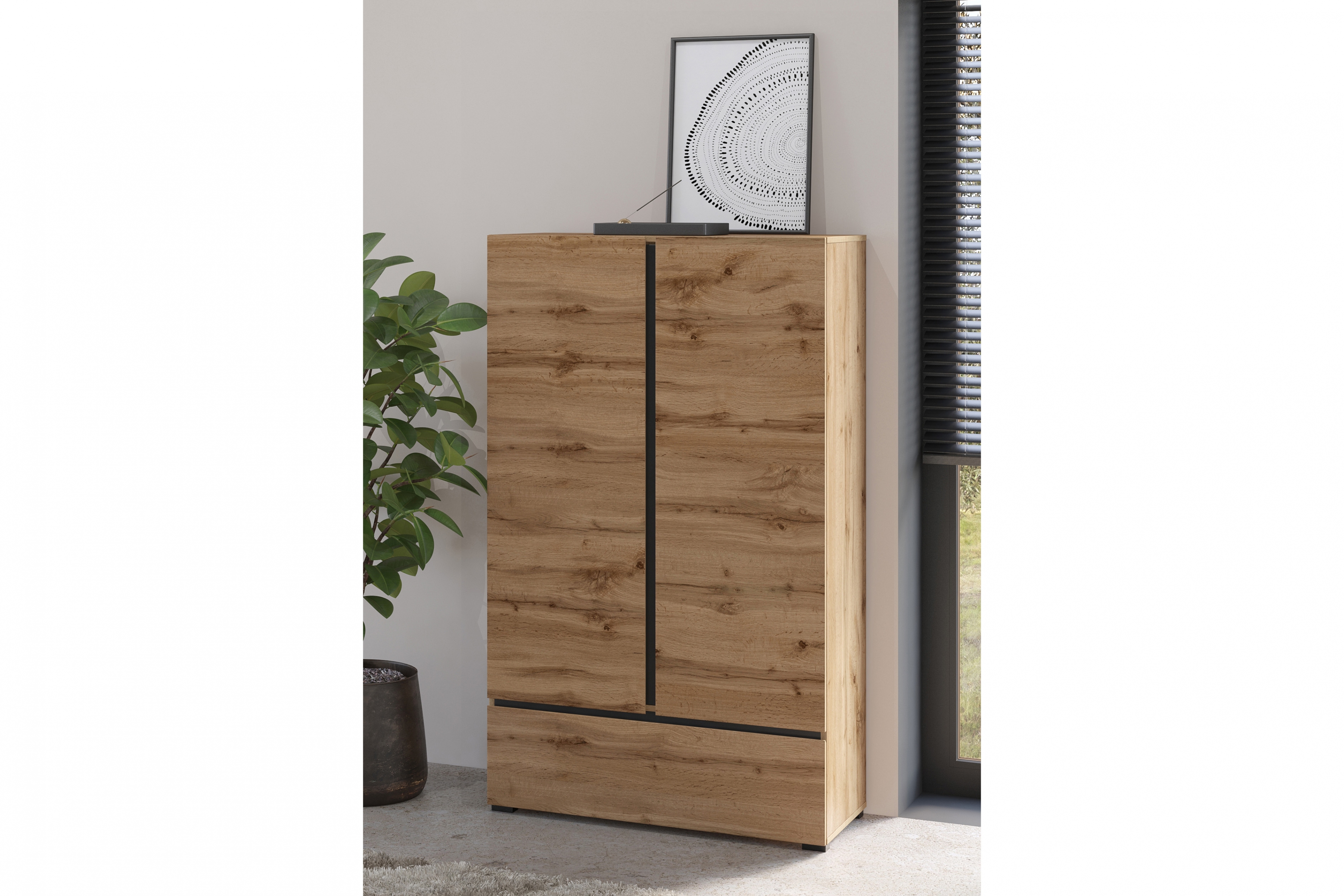 Komoda Cross 89 cm so zásuvkou - dub wotan / čierna Komoda Gramon 89 cm z szuflada - Dub wotan / Čierny
