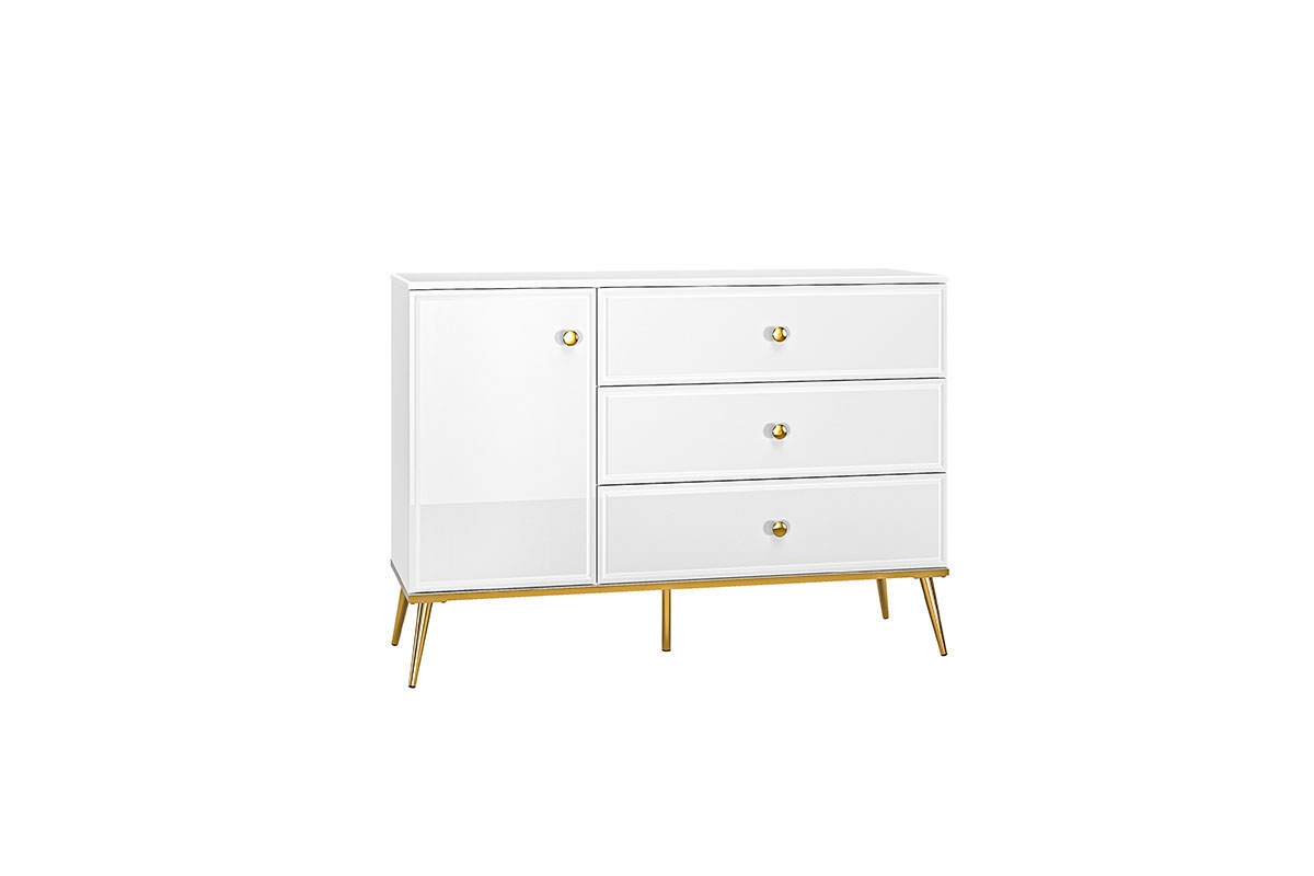 Komoda Riomi 05 so zásuvkami 120 cm s kovovými nožičkami - biely lesk / zlaté nožičky Komoda .