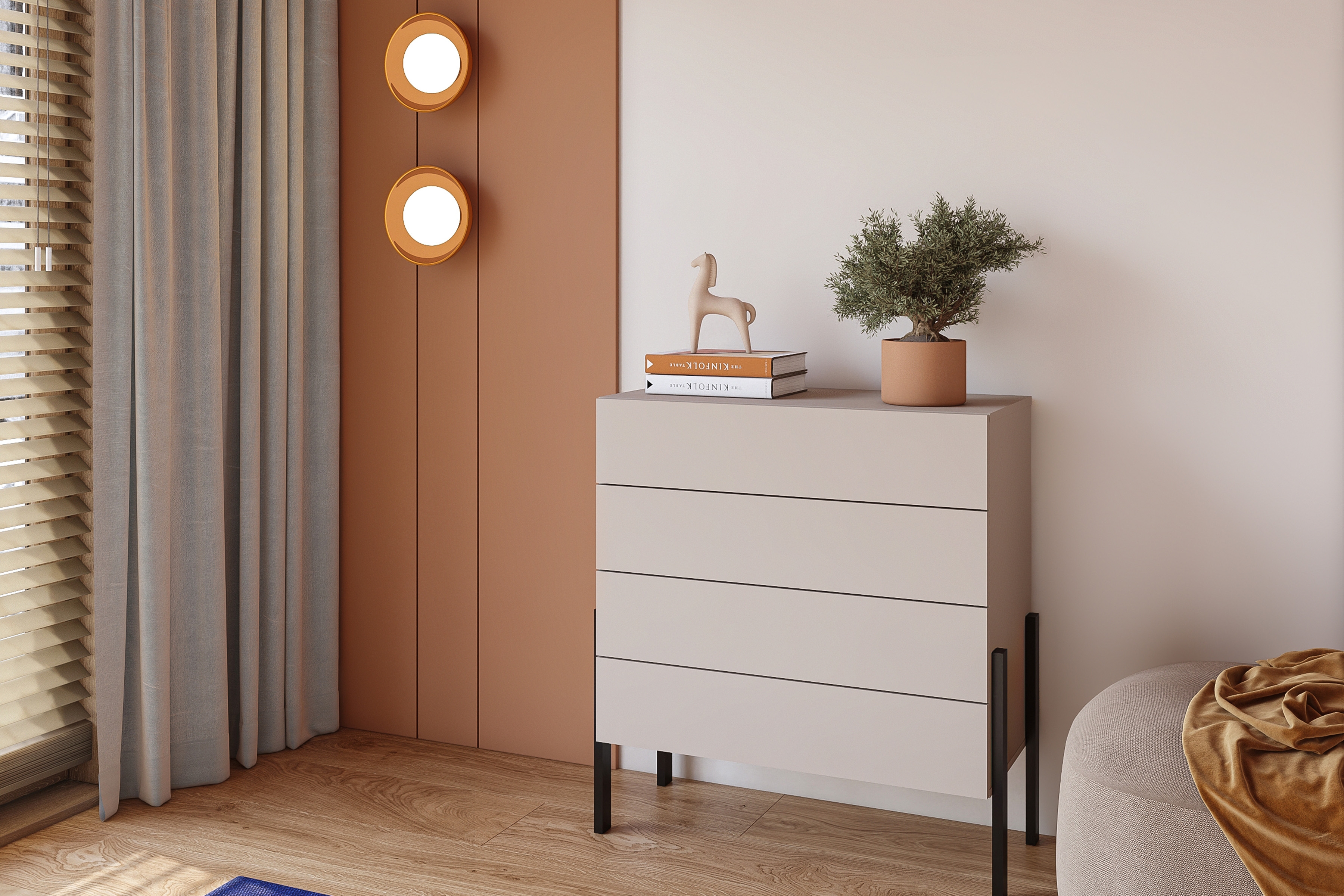 Komoda Jukon 84 cm - kašmírová / čierna Komoda Jukon 84 cm so zásuvkami - kašmír / čierny nožičky 