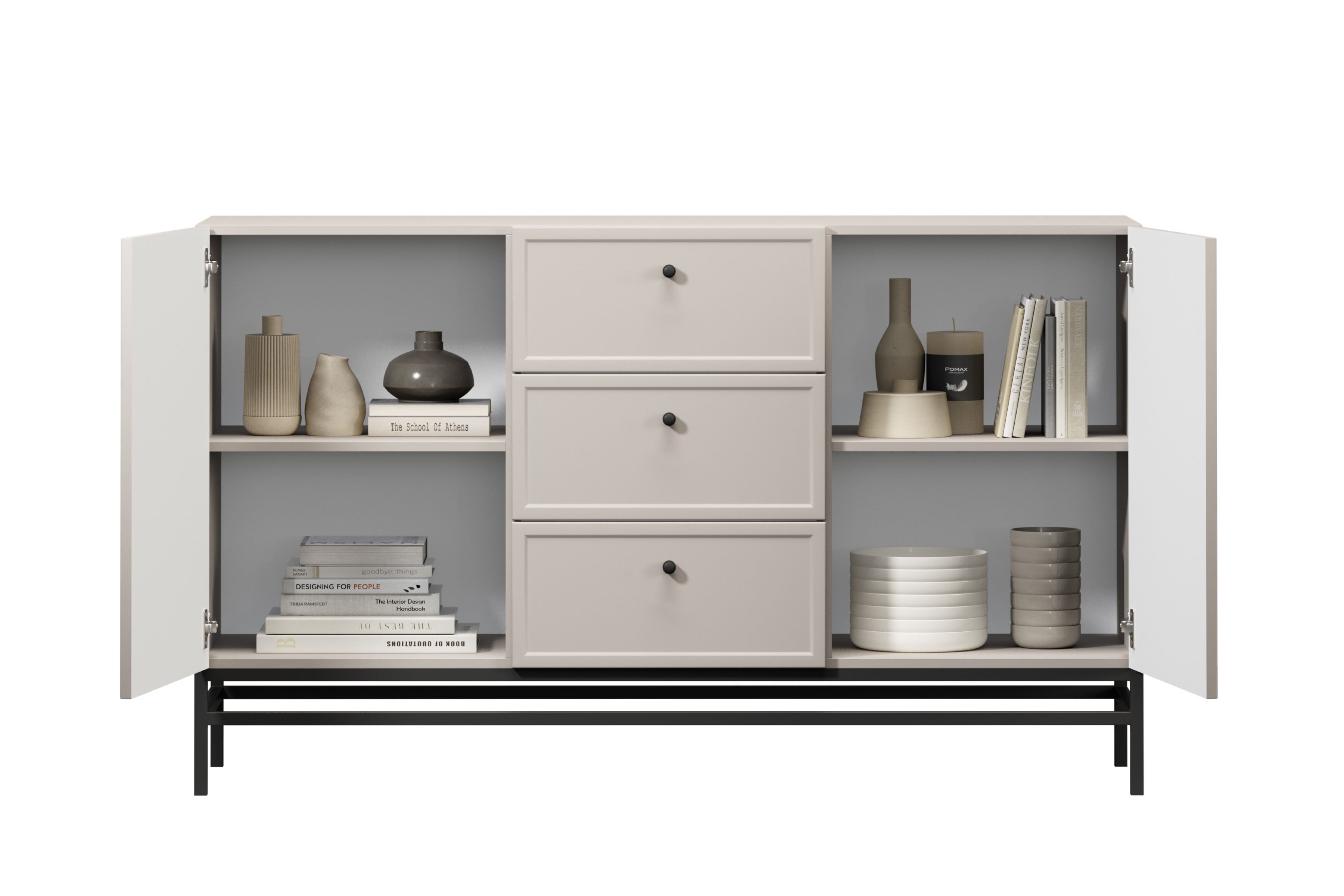 Komoda Lorini 150 cm na stojane - kašmírová / čierne úchytky G Komoda Lorini 150 cm so zásuvkami - kašmír / čierny úchyty / Rošt