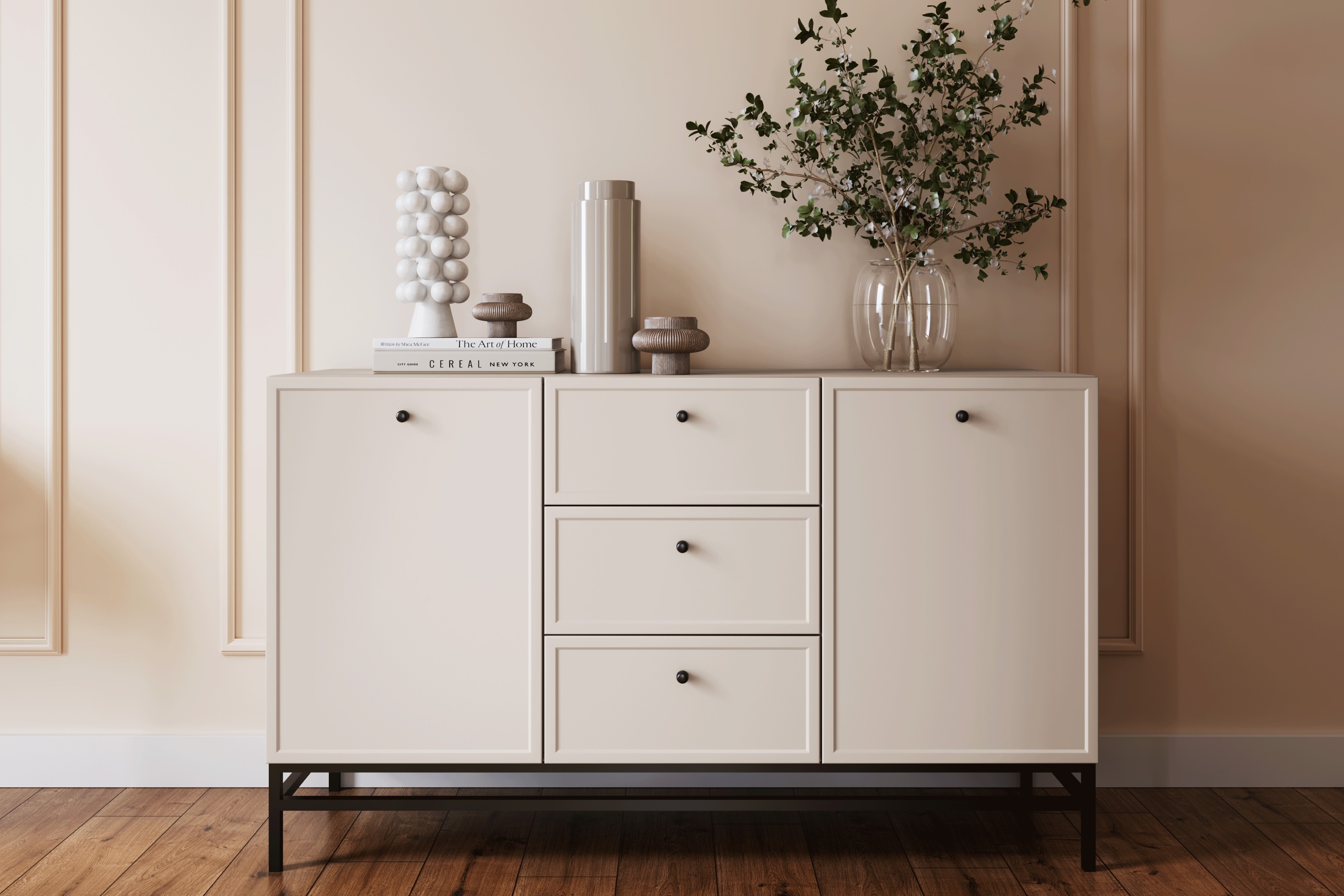 Komoda Lorini 150 cm na stojane - kašmírová / čierne úchytky G Komoda Lorini 150 cm so zásuvkami - kašmír / čierny úchyty / Rošt