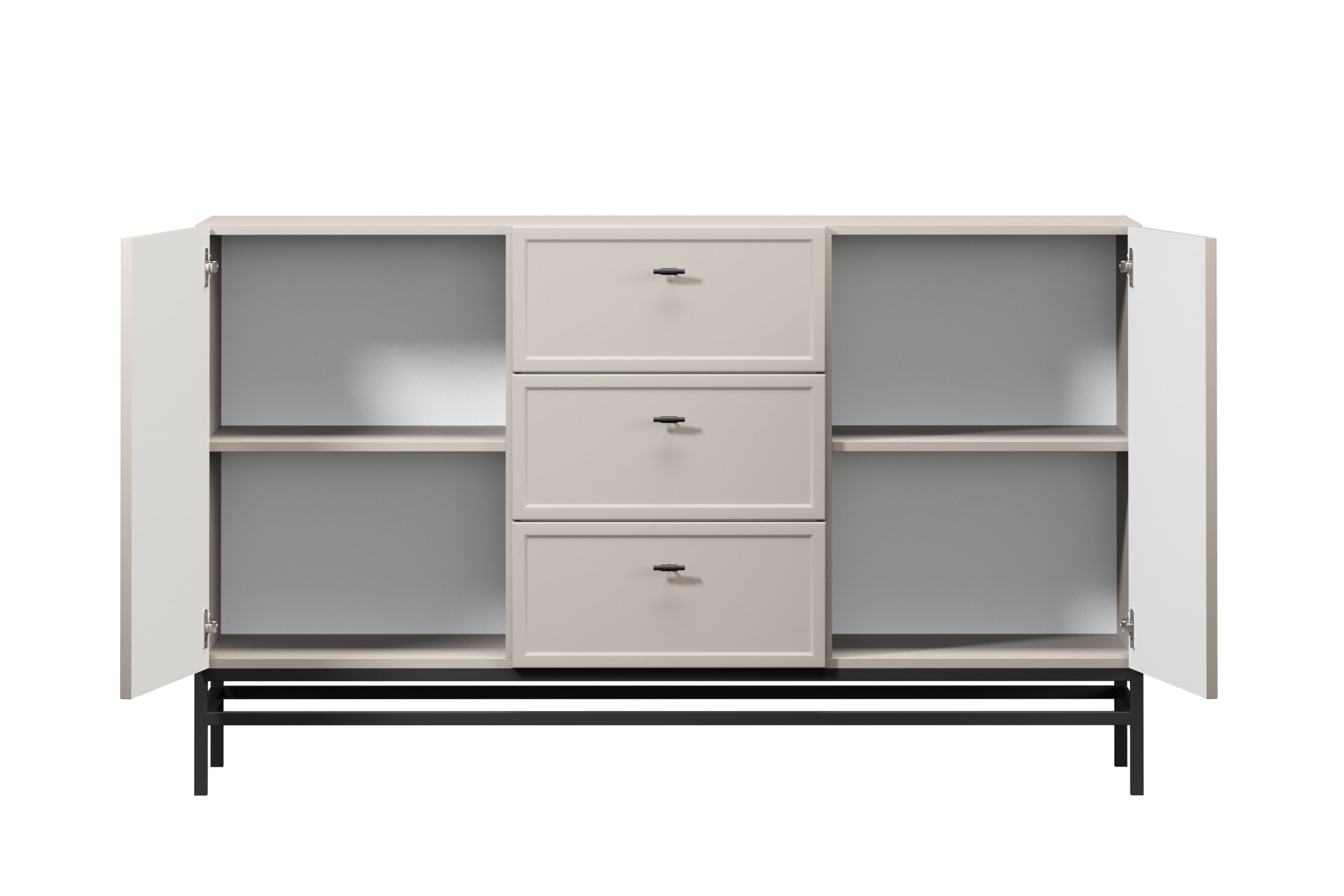 Komoda Lorini 150 cm na podstavci - kašmírová / černé úchytky T-bar Komoda Lorini 150 cm se zásuvkami - kašmír / černá Úchytky T-bar / Rošt