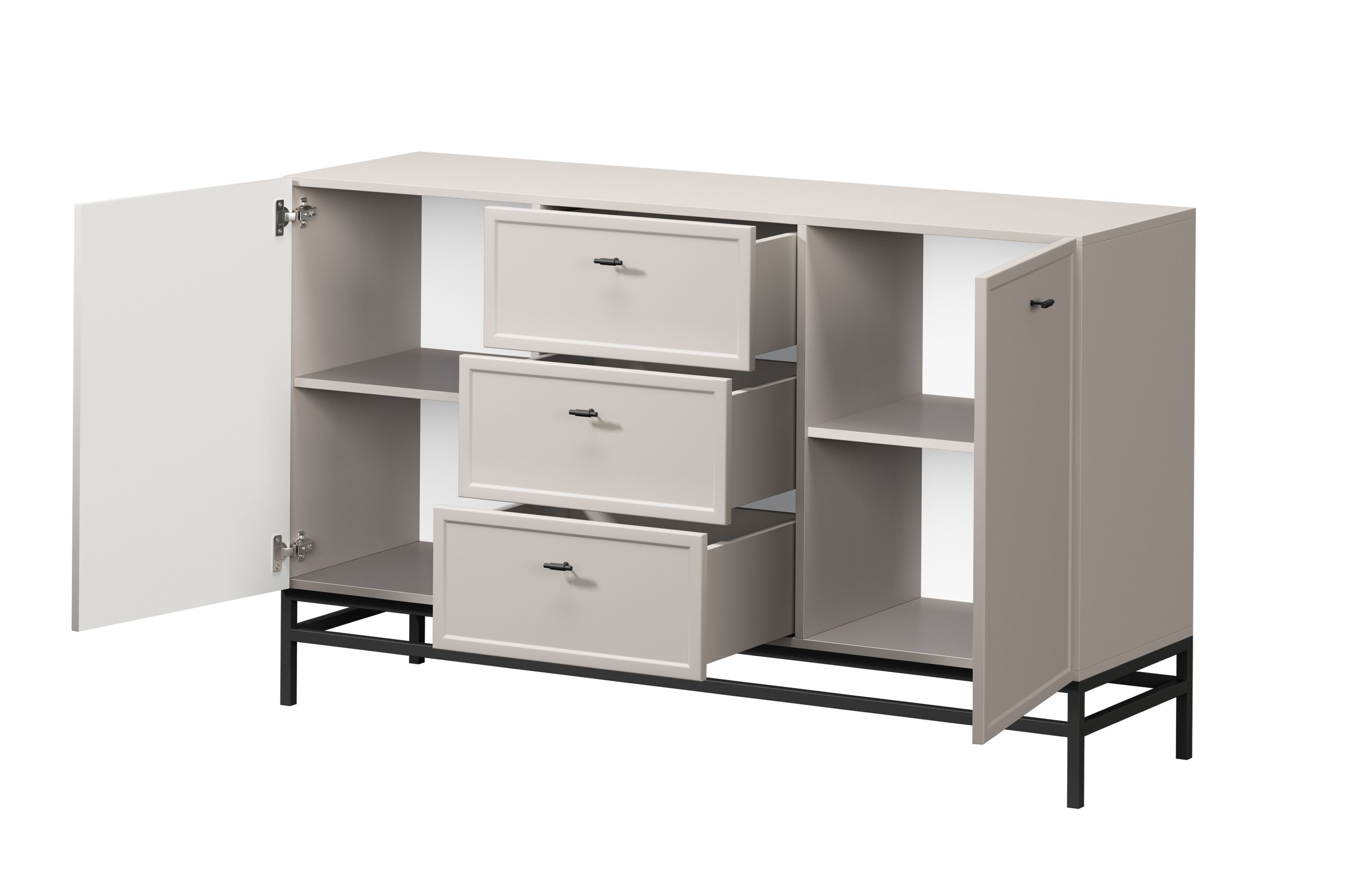 Komoda Lorini 150 cm na podstavci - kašmírová / černé úchytky T-bar Komoda Lorini 150 cm se zásuvkami - kašmír / černá Úchytky T-bar / Rošt