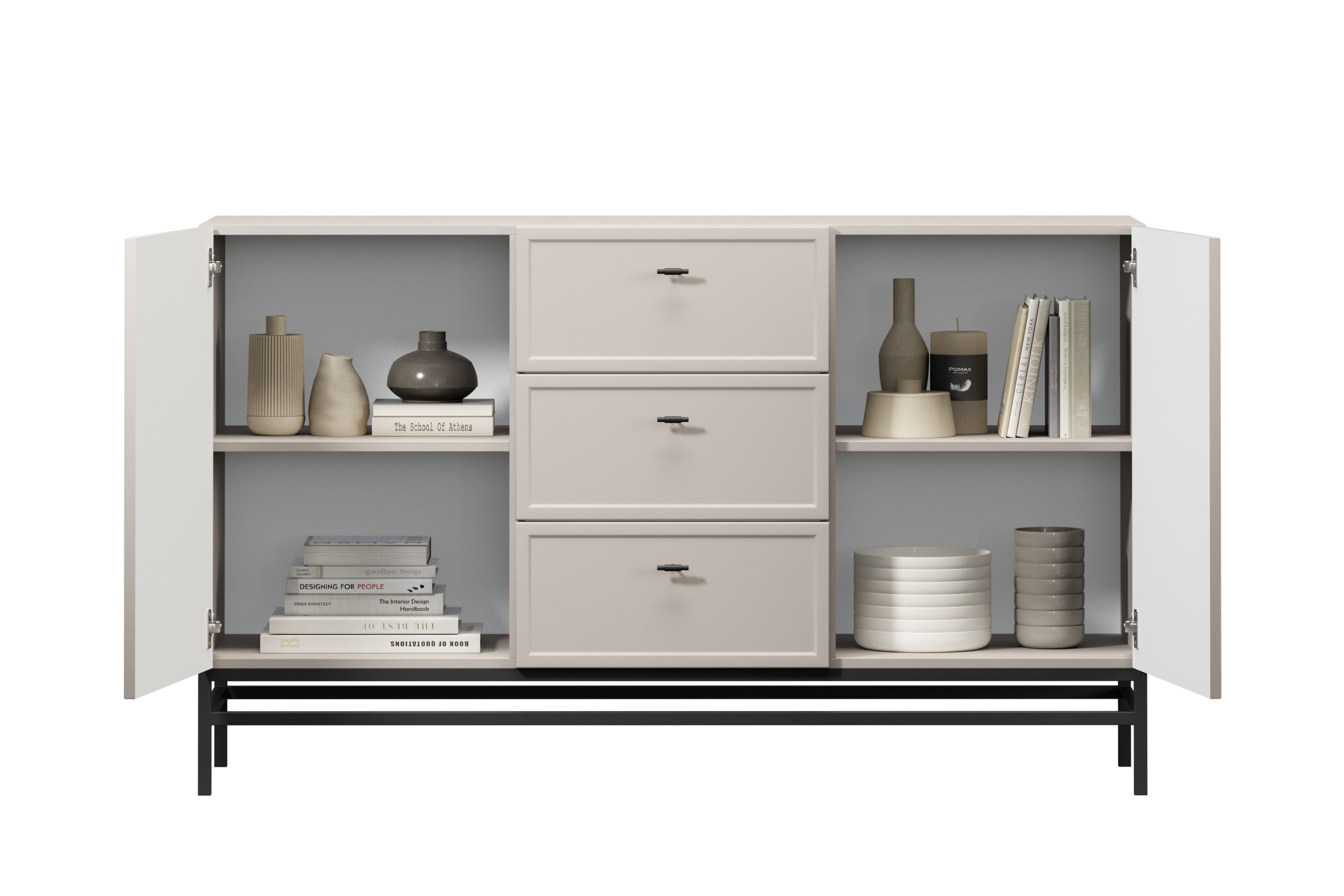 Komoda Lorini 150 cm na podstavci - kašmírová / černé úchytky T-bar Komoda Lorini 150 cm se zásuvkami - kašmír / černá Úchytky T-bar / Rošt