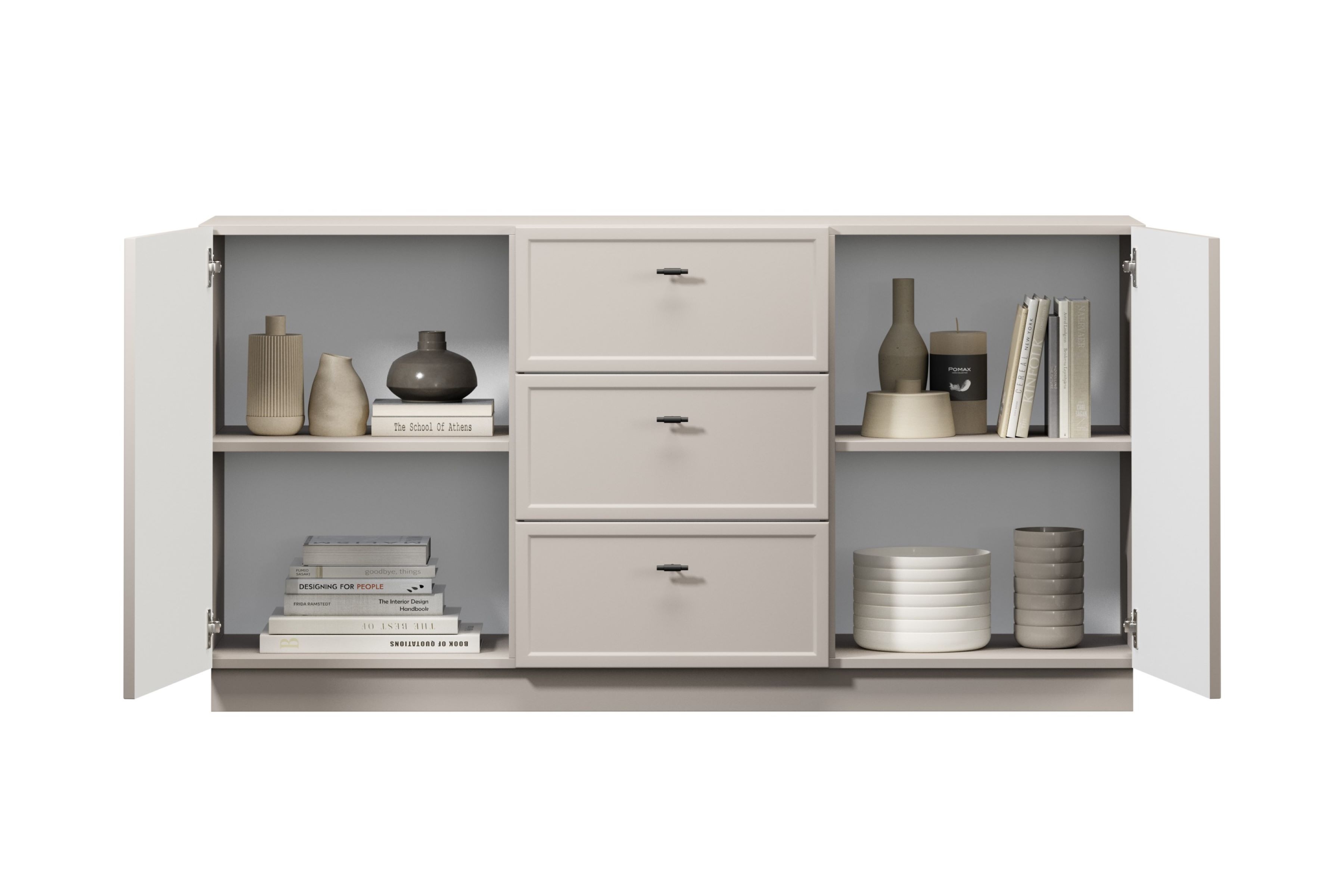 Komoda Lorini 150 cm - kašmírová / černé úchytky T-bar Komoda Lorini 150 cm se zásuvkami - kašmír / černá Úchytky T-bar