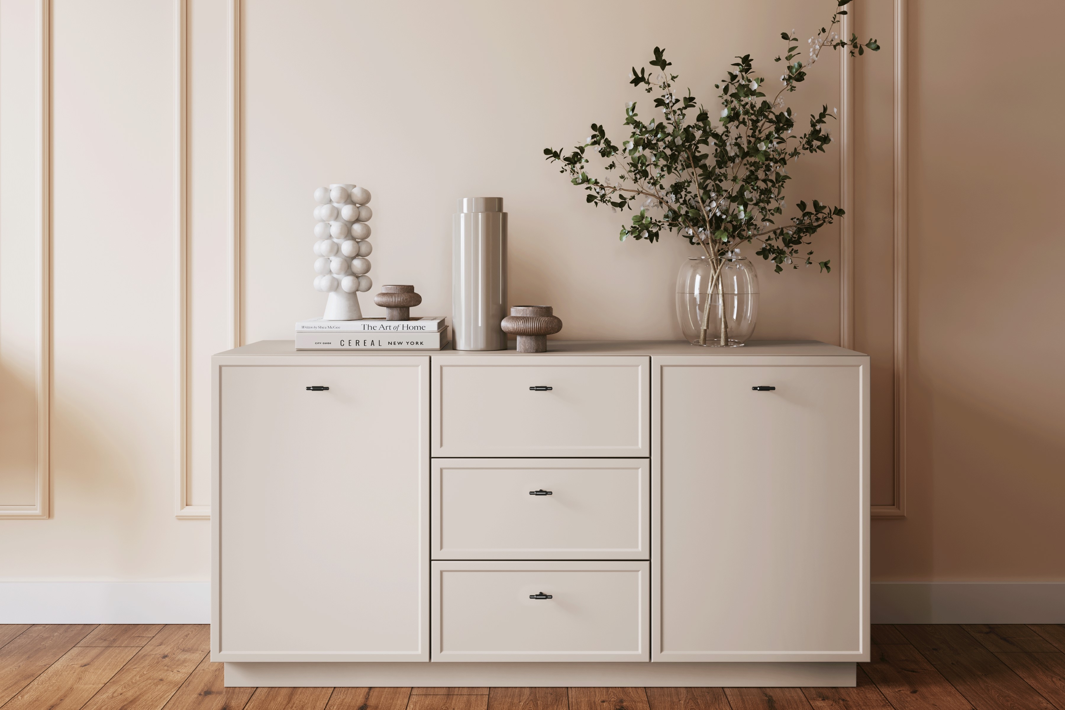 Komoda Lorini 150 cm - kašmírová / černé úchytky T-bar Komoda Lorini 150 cm se zásuvkami - kašmír / černá Úchytky T-bar