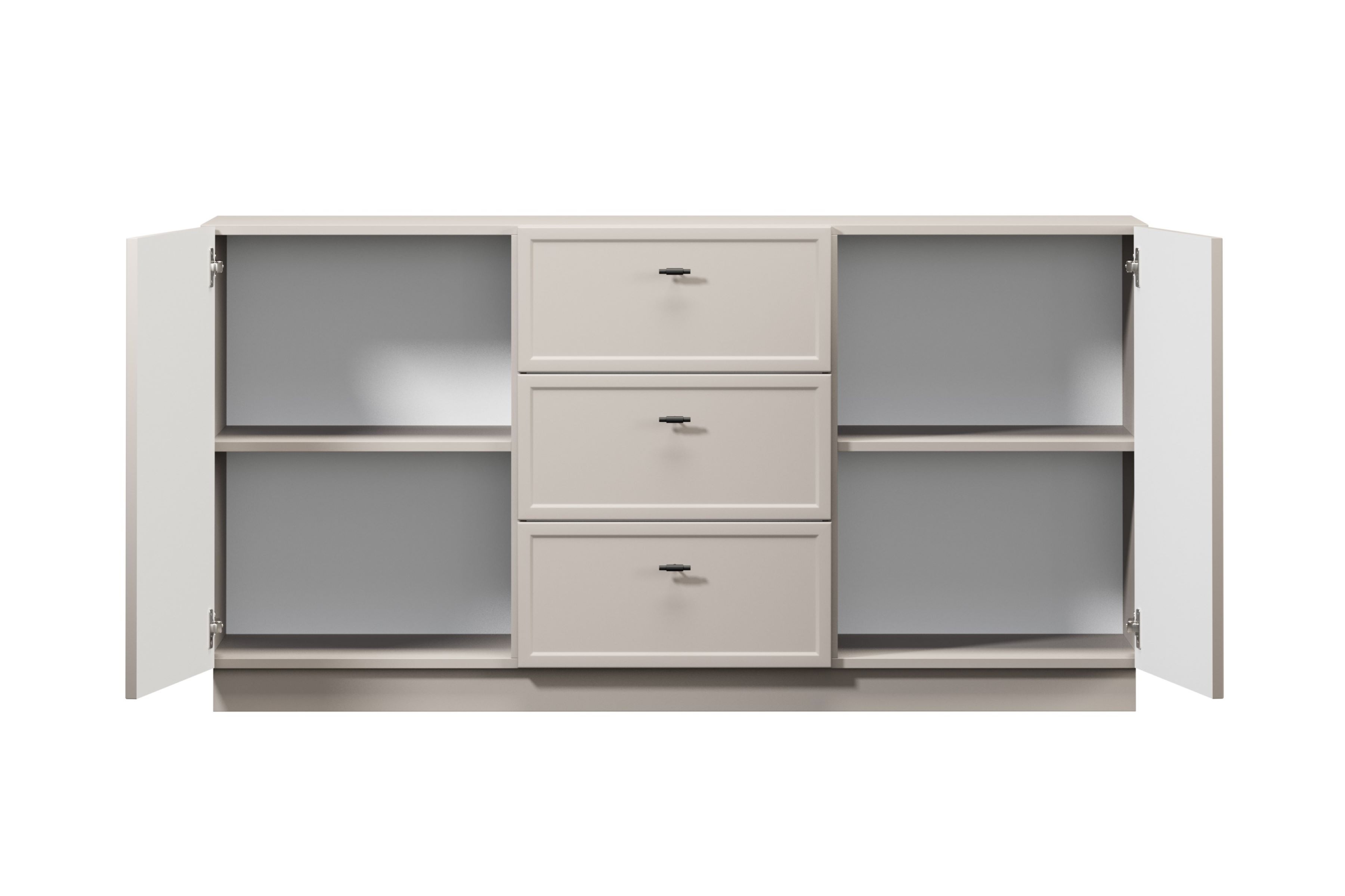 Komoda Lorini 150 cm - kašmírová / černé úchytky T-bar Komoda Lorini 150 cm se zásuvkami - kašmír / černá Úchytky T-bar