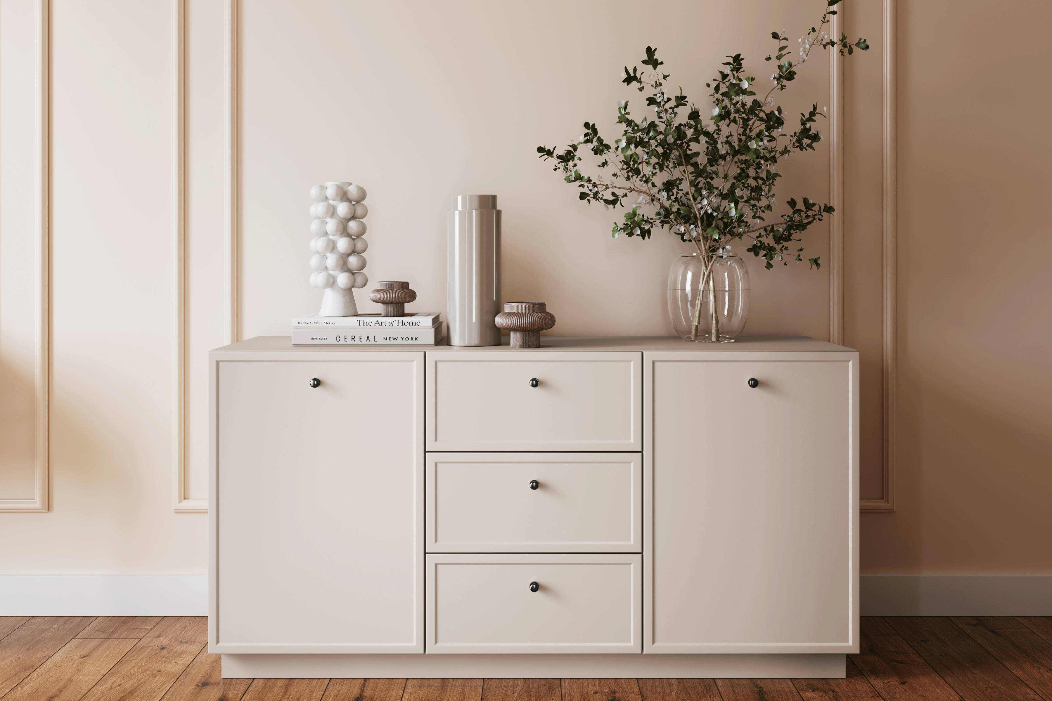 Komoda Lorini 150 cm na sokli - kašmírová / čierne úchytky G Komoda Lorini 150 cm so zásuvkami - kašmír / čierny úchyty