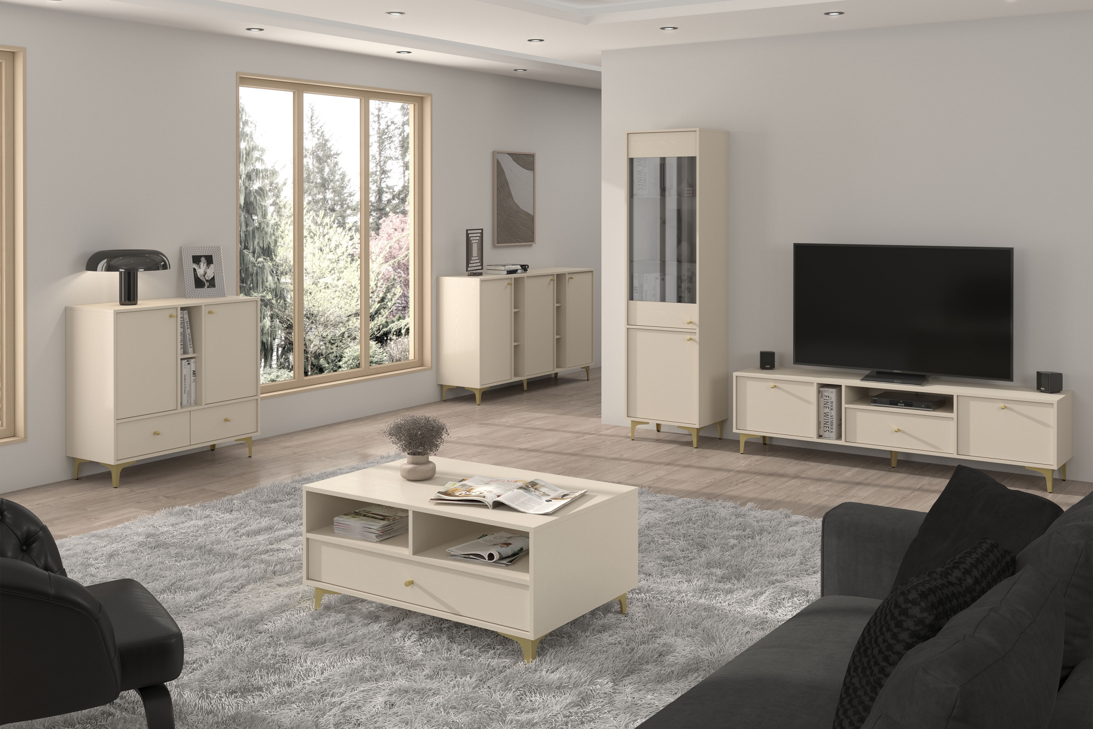 Komoda Lotina I 2F3S se zásuvkami 100 cm - písková béžová / zlaté nohy Komoda Lotina I 2F3S se zásuvkami 100 cm - béžová Pískový / zlaté Nohy