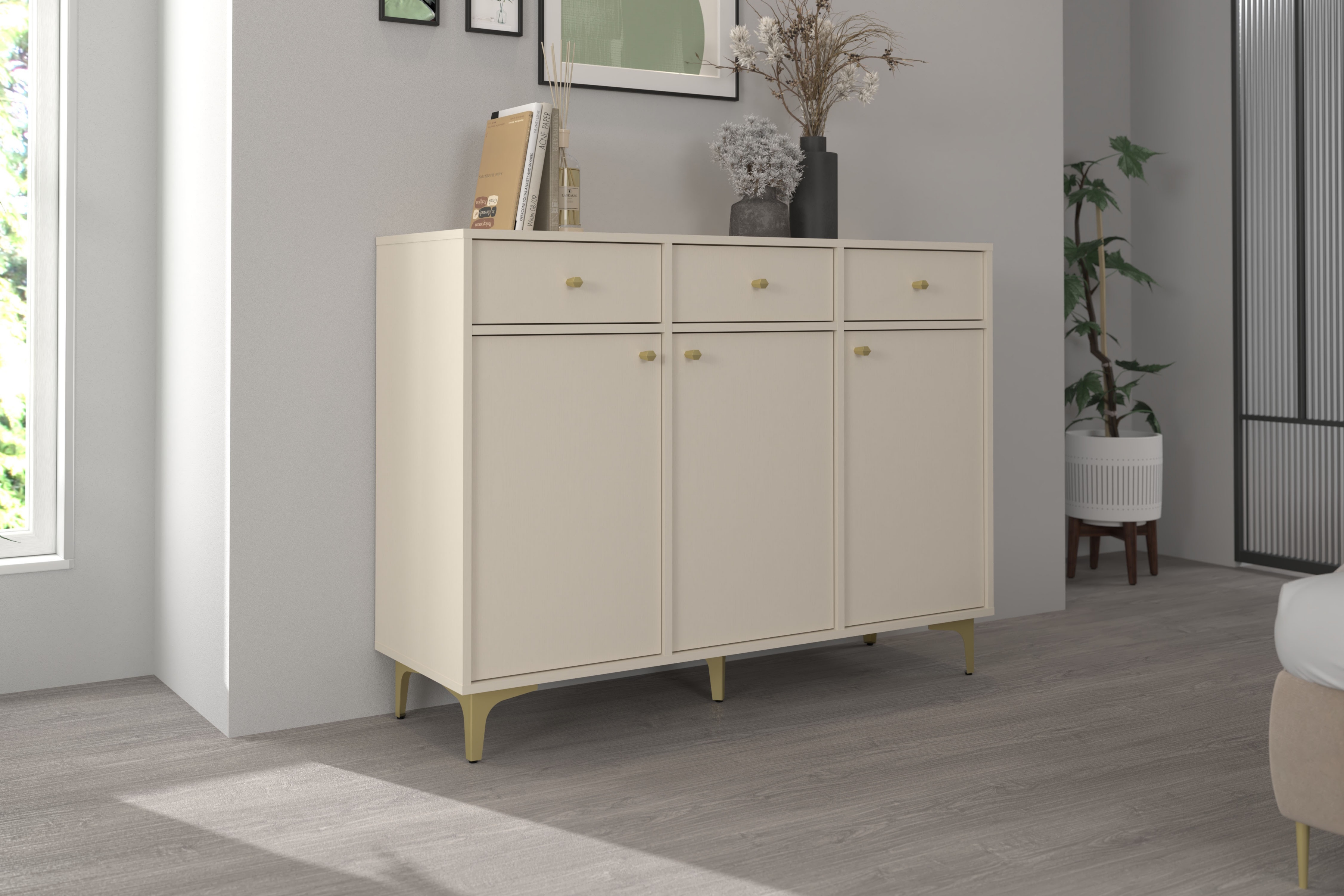 Komoda Lotina I 3F3S so zásuvkami 125 cm - Béžová Pieskový / zlaté nožičky Komoda Lotina I 3F3S so zásuvkami 125 cm - Béžová Pieskový / zlote nožičky