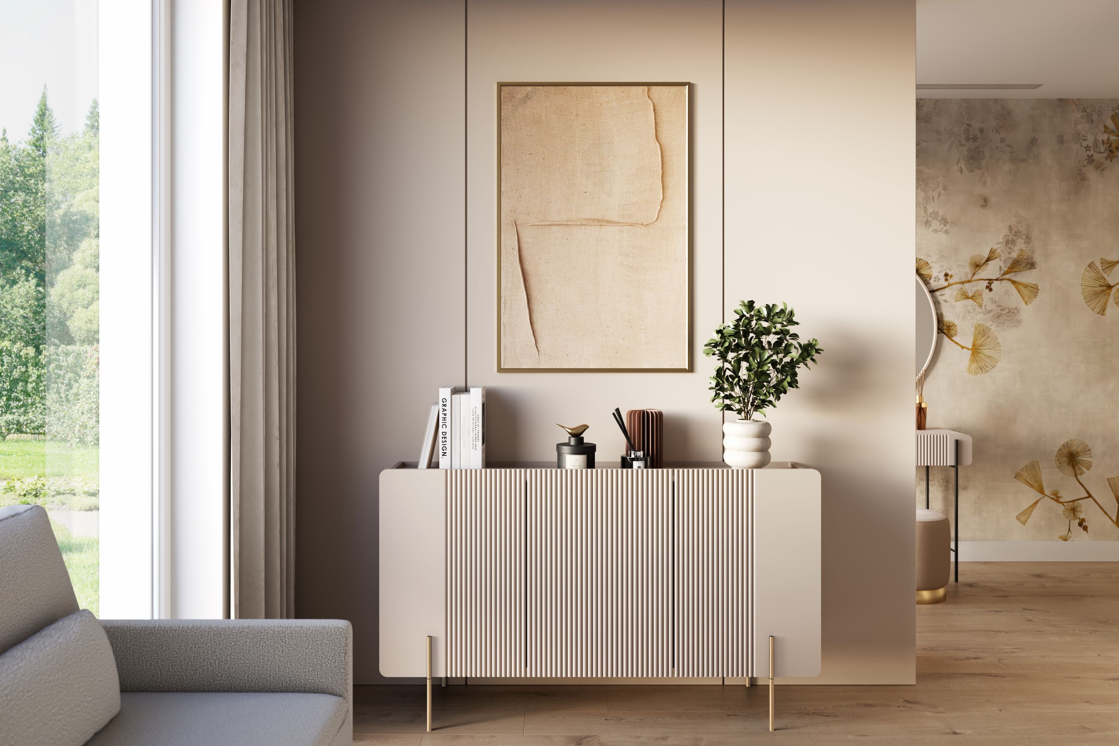 Komoda Malmi 150 cm - kašmírová / zlaté nožky Komoda Malmi 150 cm - kašmír / zlote nozki