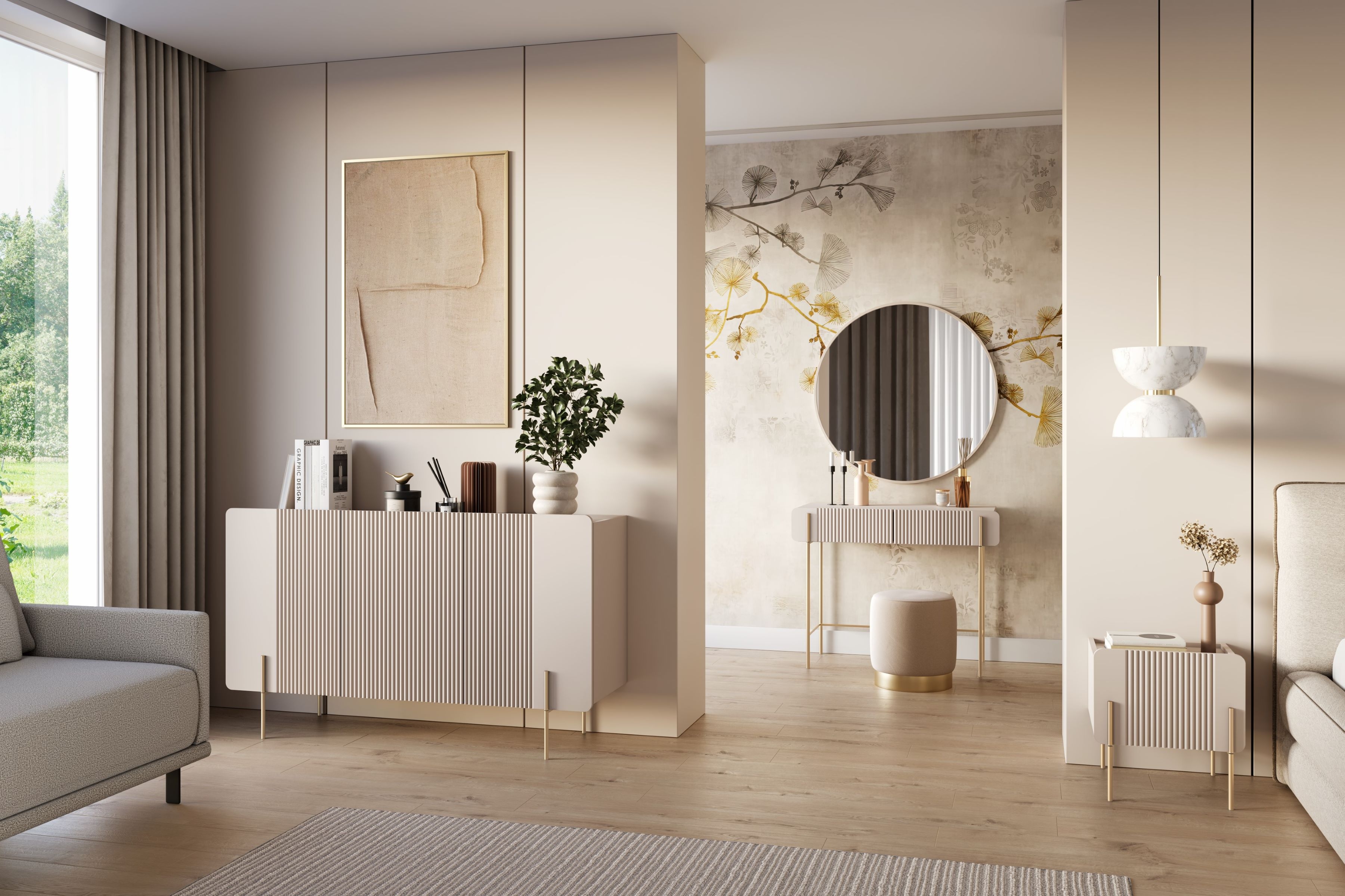 Komoda Malmi 150 cm - kašmírová / zlaté nožky Komoda Malmi 150 cm - kašmír / zlote nozki