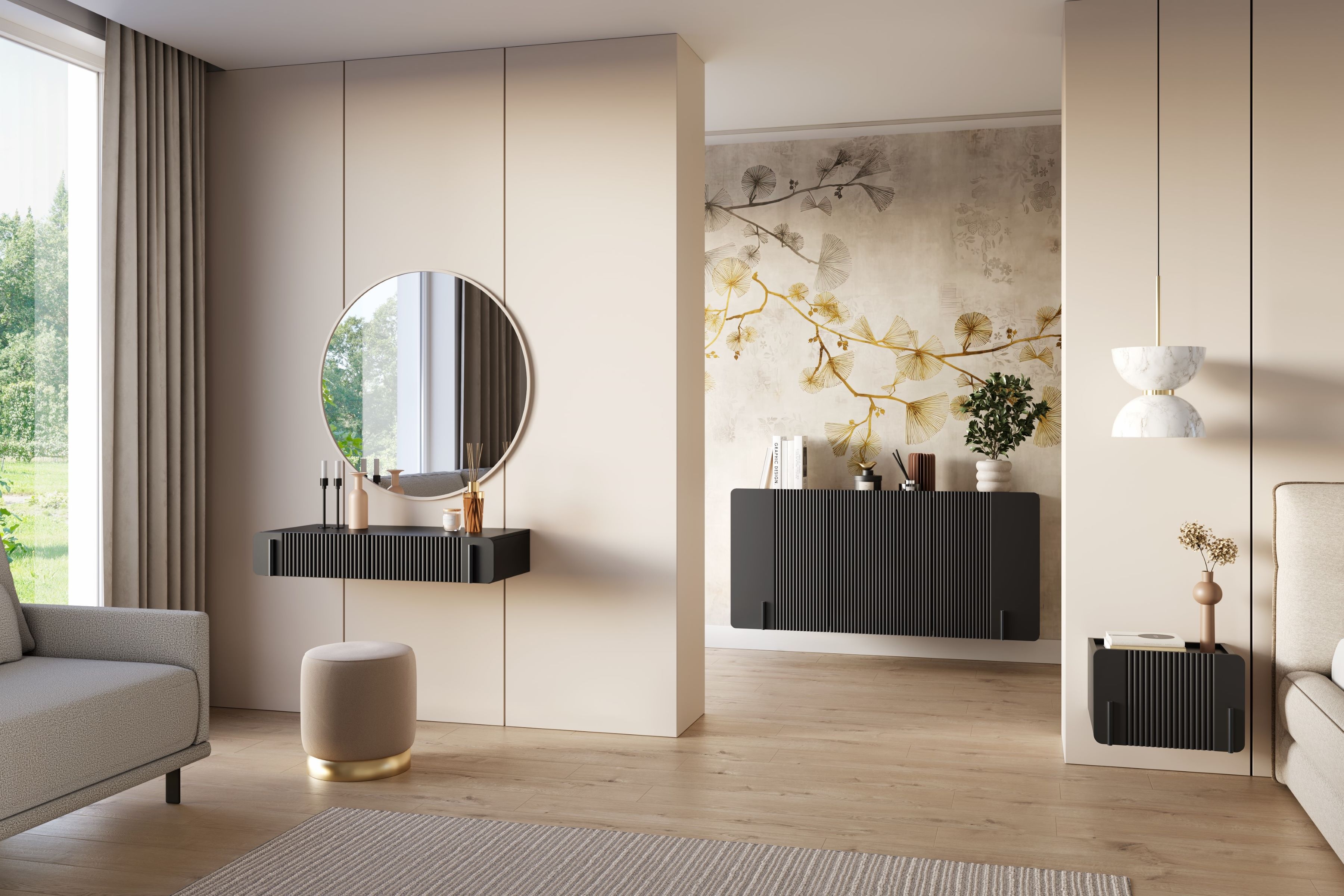 Závěsná komoda Malmi 150 cm - černý mat / černá Komoda Malmi 150 cm závěsná - černá mat / černá