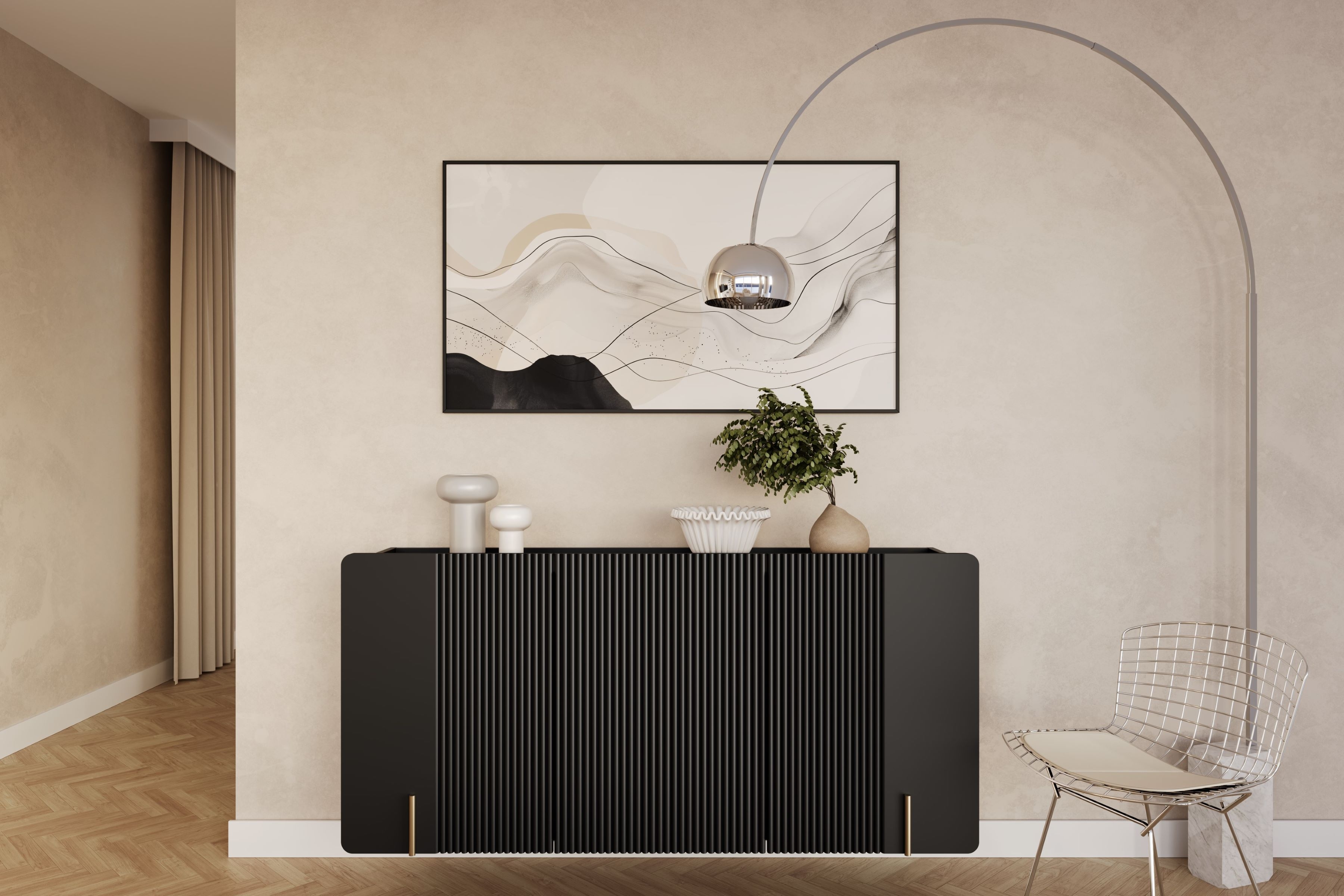 Závěsná komoda Malmi 150 cm - černý mat / zlatá Komoda Malmi 150 cm závěsná - černá mat / zlatá