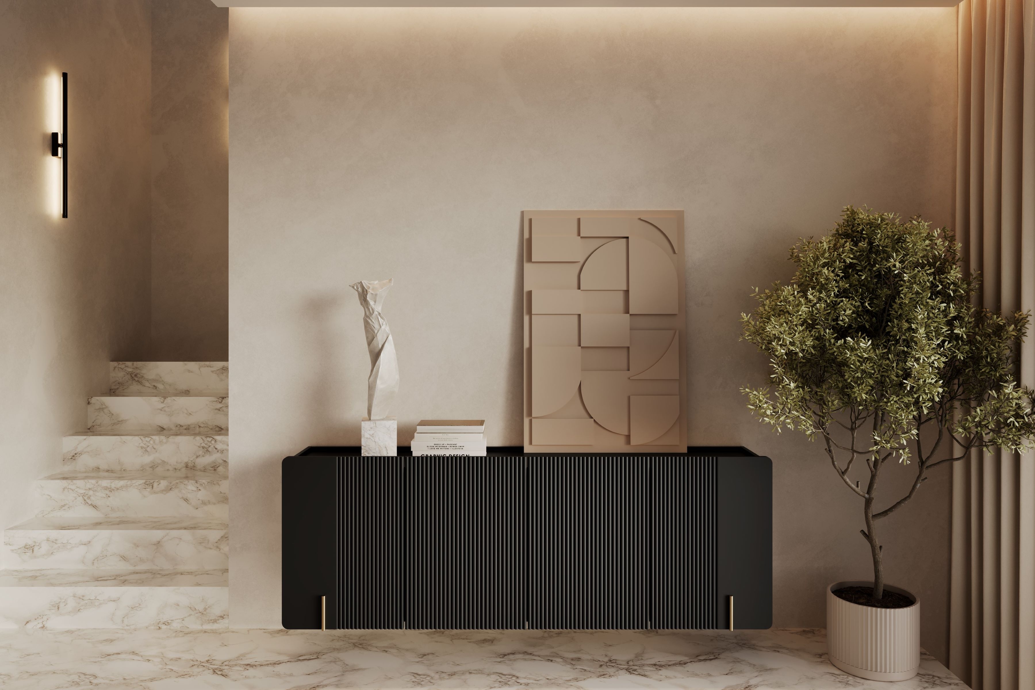 Závěsná komoda Malmi 200 cm - černý mat / zlatá Komoda Malmi 200 cm závěsná - černá mat / zlatá