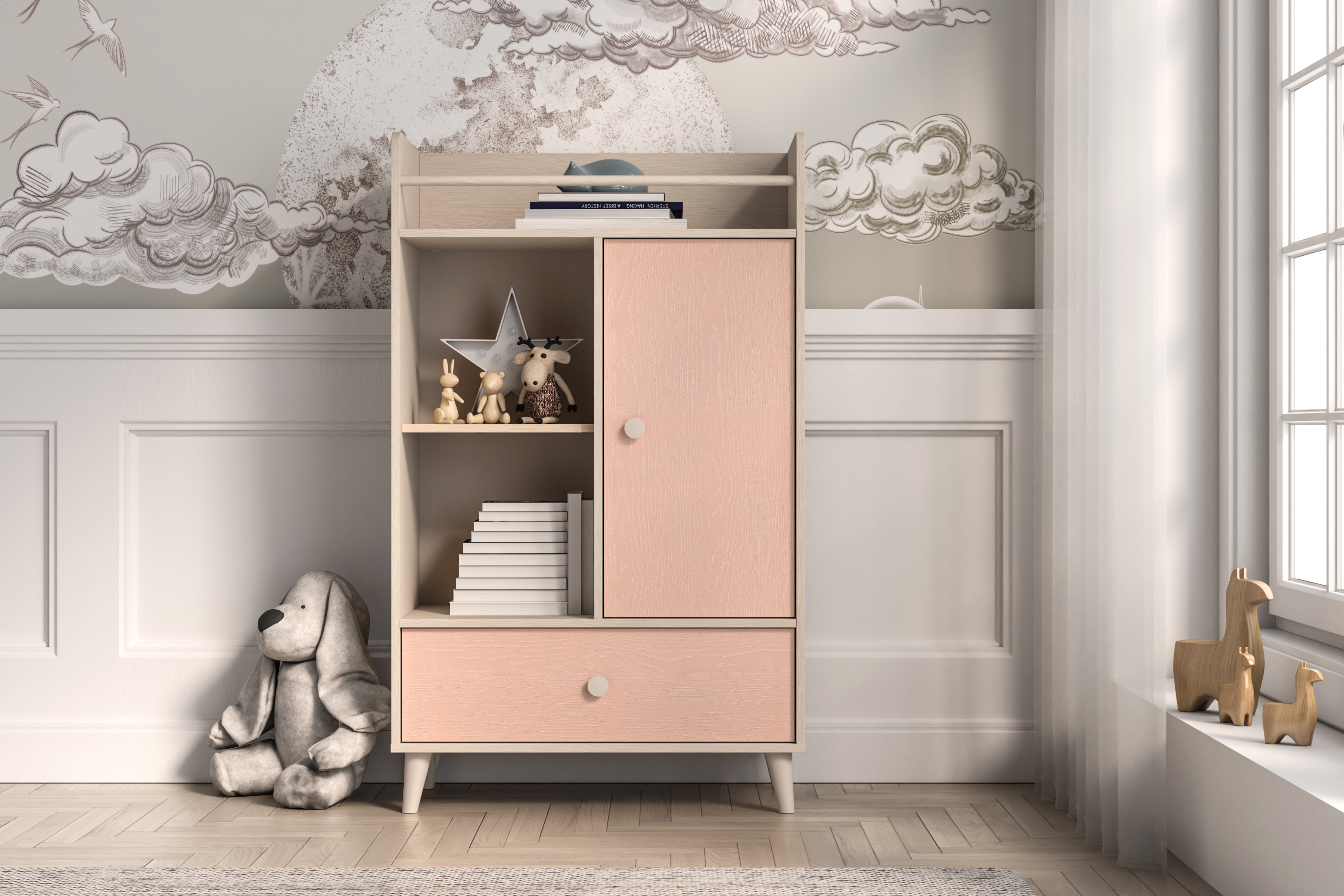 Dětská komoda Marla se zásuvkou 80 cm - pouštní písek / růžová Komoda Marla 80 cm z szuflada - piasek pustyni / millenial pink