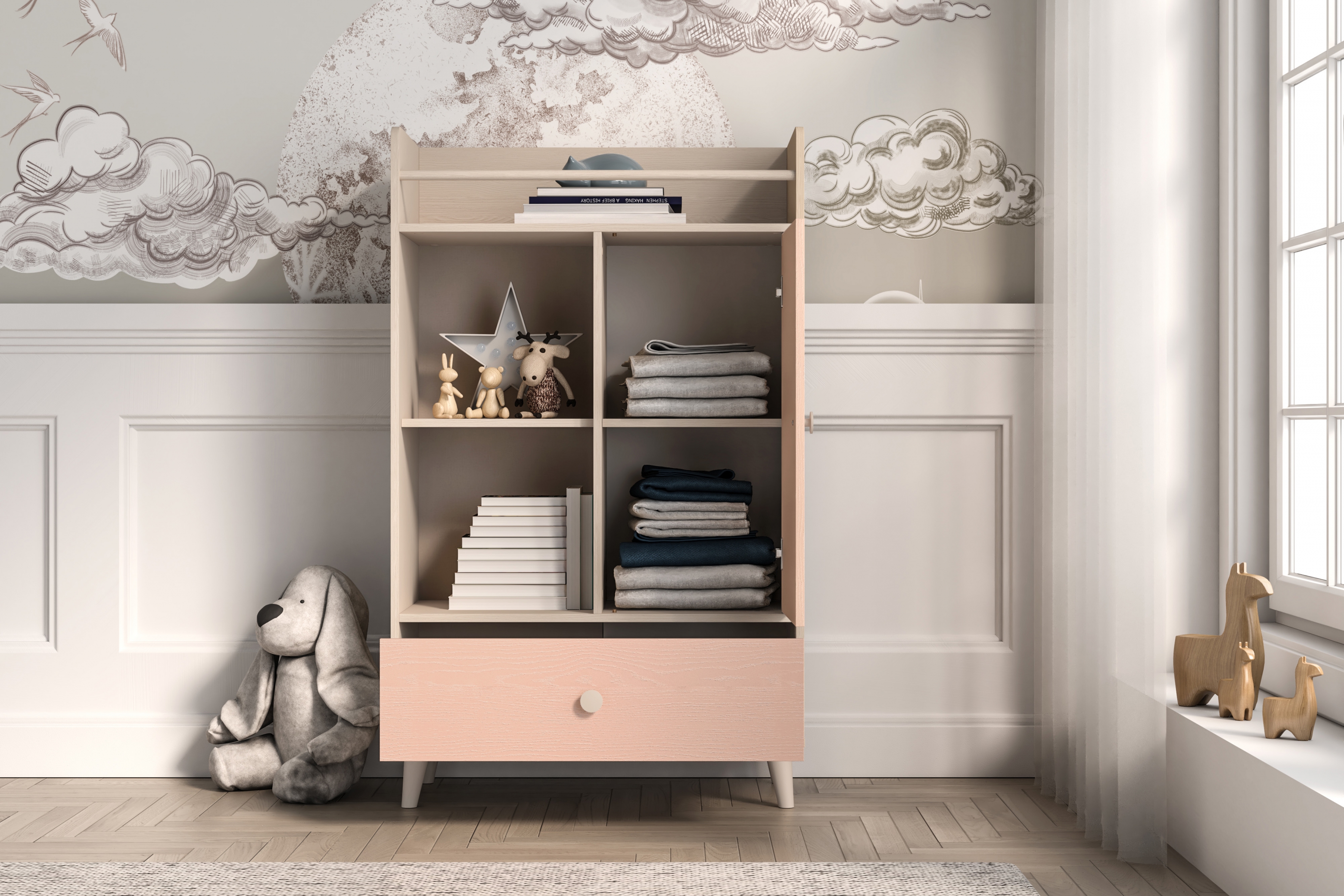 Dětská komoda Marla se zásuvkou 80 cm - pouštní písek / růžová Komoda Marla 80 cm z szuflada - piasek pustyni / millenial pink