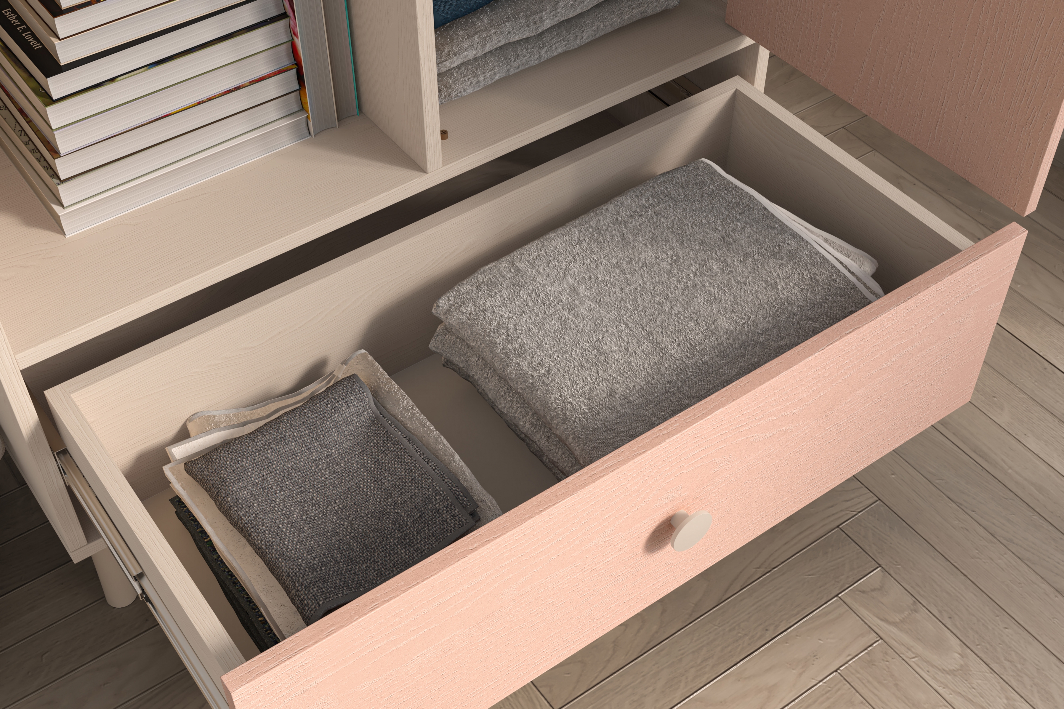 Dětská komoda Marla se zásuvkou 80 cm - pouštní písek / růžová Komoda Marla 80 cm z szuflada - piasek pustyni / millenial pink