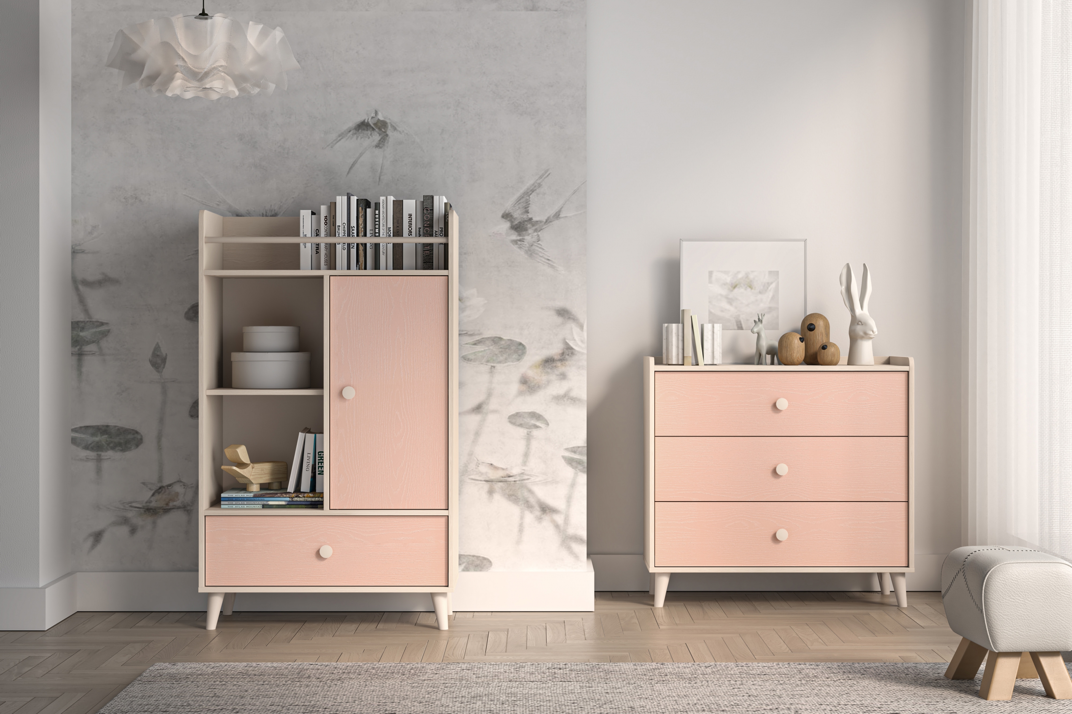 Dětská komoda Marla se zásuvkou 80 cm - pouštní písek / růžová Komoda Marla 80 cm z szuflada - piasek pustyni / millenial pink