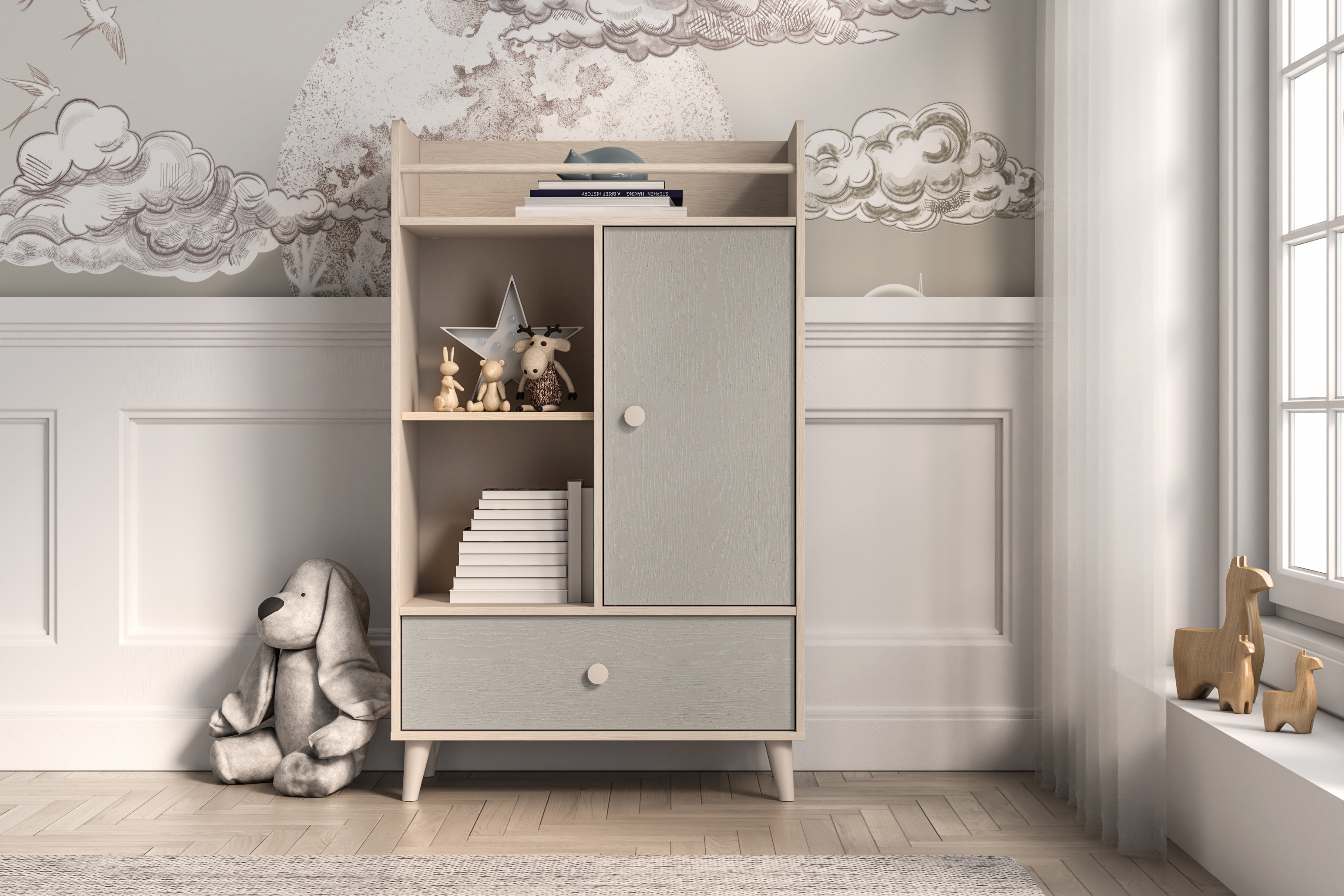 Dětská komoda Marla se zásuvkou 80 cm - pouštní písek / šedá pallad Komoda Marla 80 cm z szuflada - piasek pustyni / šedá pallad