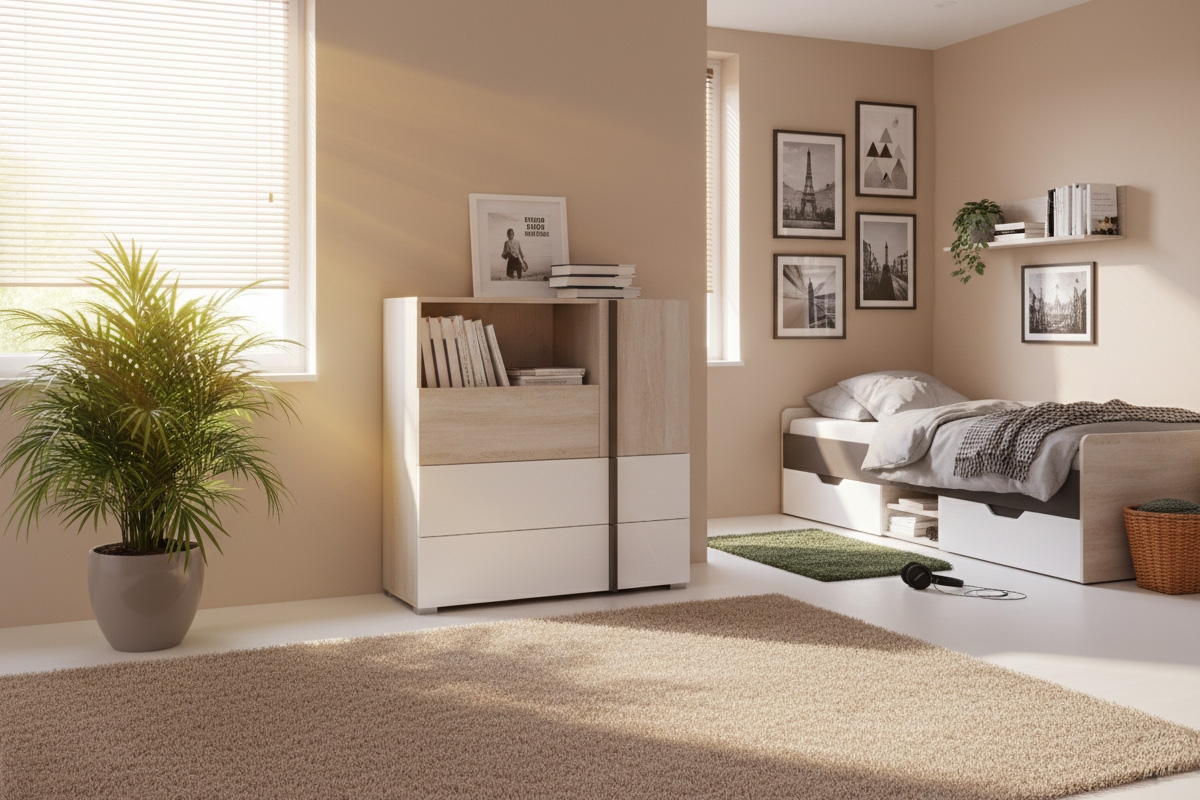 Studentská komoda Lumo 8 90 cm se zásuvkami - dub wilton bílý / bílý lux / antracit Komoda mlodziezowa Lumo 8 90 cm se zásuvkami - dub wilton bílá / bílá lux / antracitová