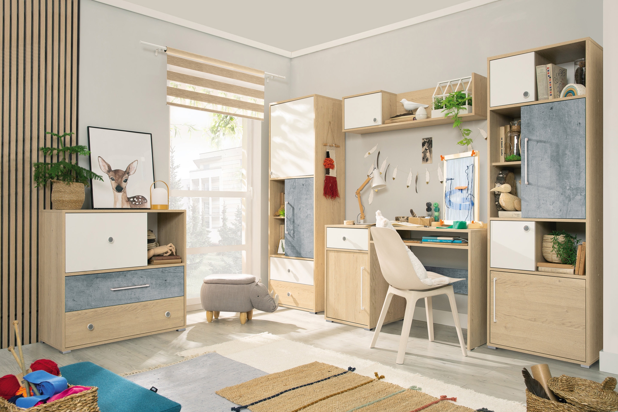 Komoda Step ST6 se zásuvkami 90 cm - dub piškotový / bílá / beton Komoda mlodziezowa Step ST6 90 cm se zásuvkami dub biszkoptowy / bílá lux / beton