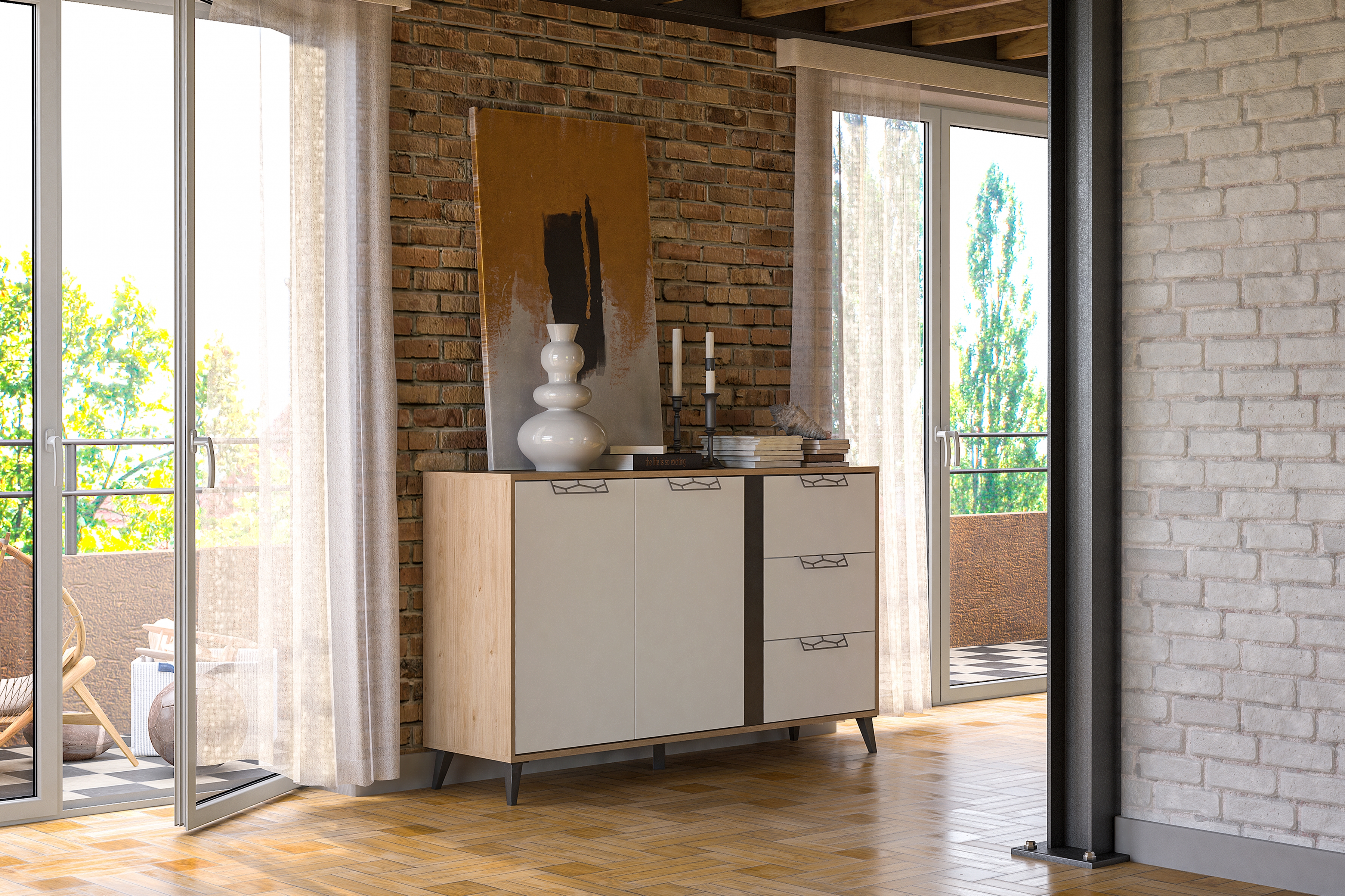 Komoda Moet 45 se zásuvkami 150 cm - americký ořech jackson / bílý mat / grafitový mat Komoda Moet 45 s zásuvkami 150 cm - Ořech americký jackson/Bílý mat/Grafitový mat