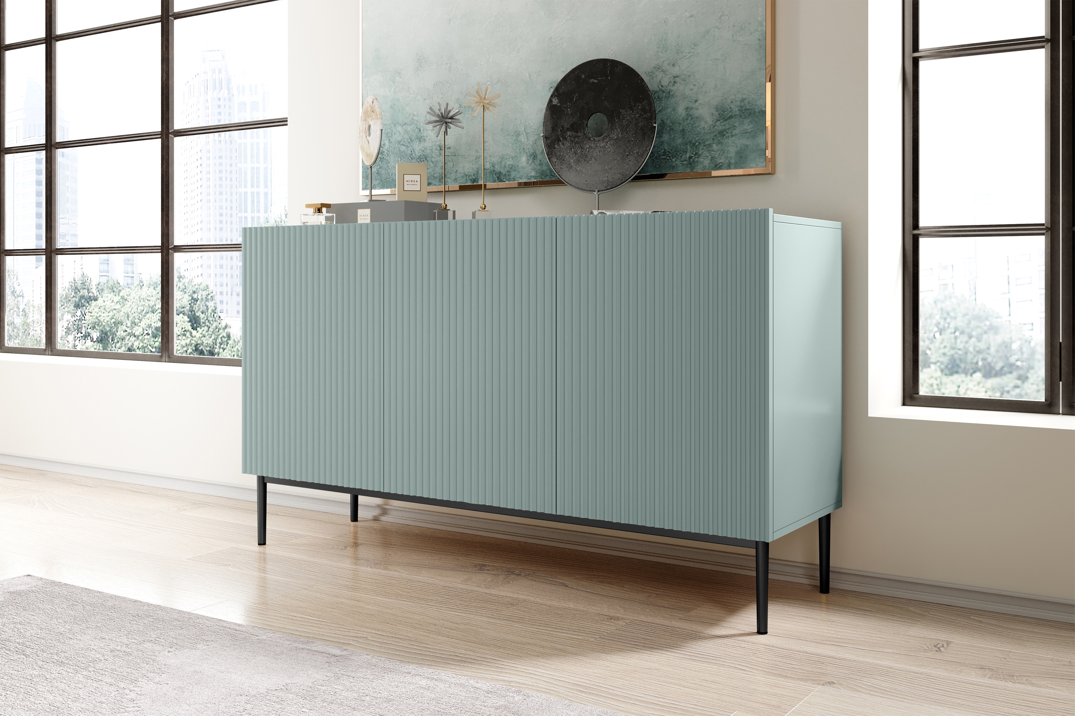 Komoda Nicole 150 cm trojdverová s frézovaným čelom - šalvia / čierne nožičky - Koncovka Série Komoda Nicole 150 cm s frézovaným frontom i metalowymi nogami - szalwia / čierny nozki