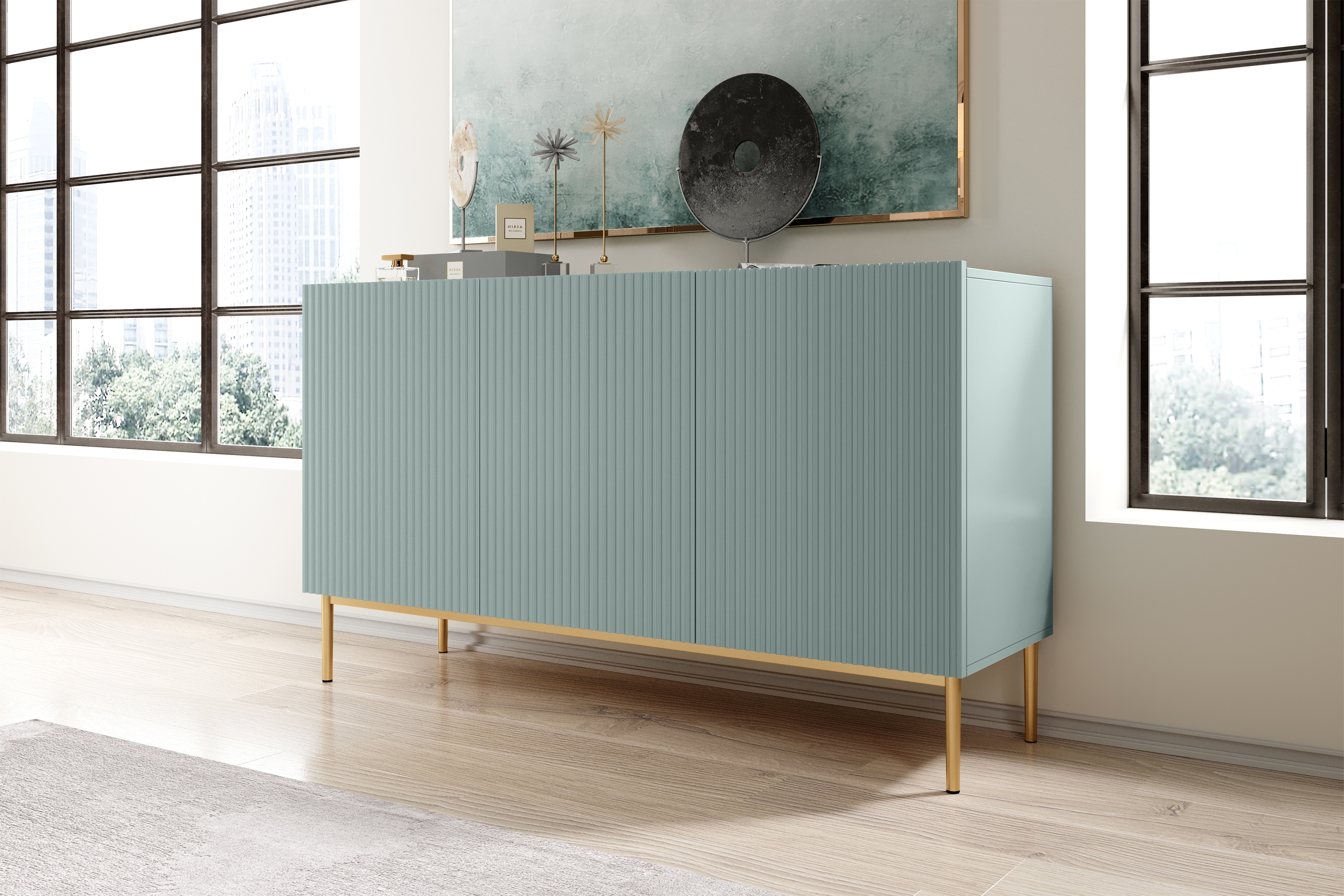 Komoda Nicole 150 cm trojdverová s frézovaným čelom - šalvia / zlaté nožičky - Koncovka Série Komoda Nicole 150 cm s frézovaným frontom i metalowymi nogami- szalwia / zlote nozki