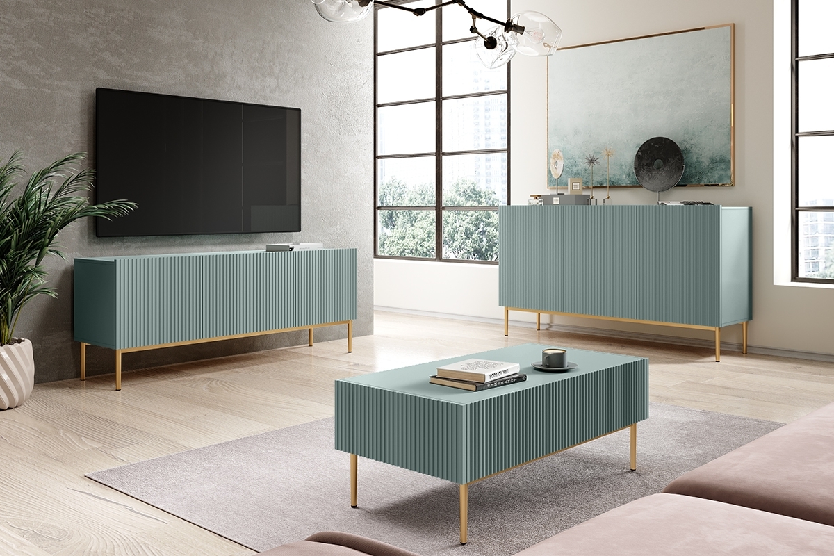 Komoda Nicole 150 cm trojdverová s frézovaným čelom - šalvia / zlaté nožičky - Koncovka Série Komoda 