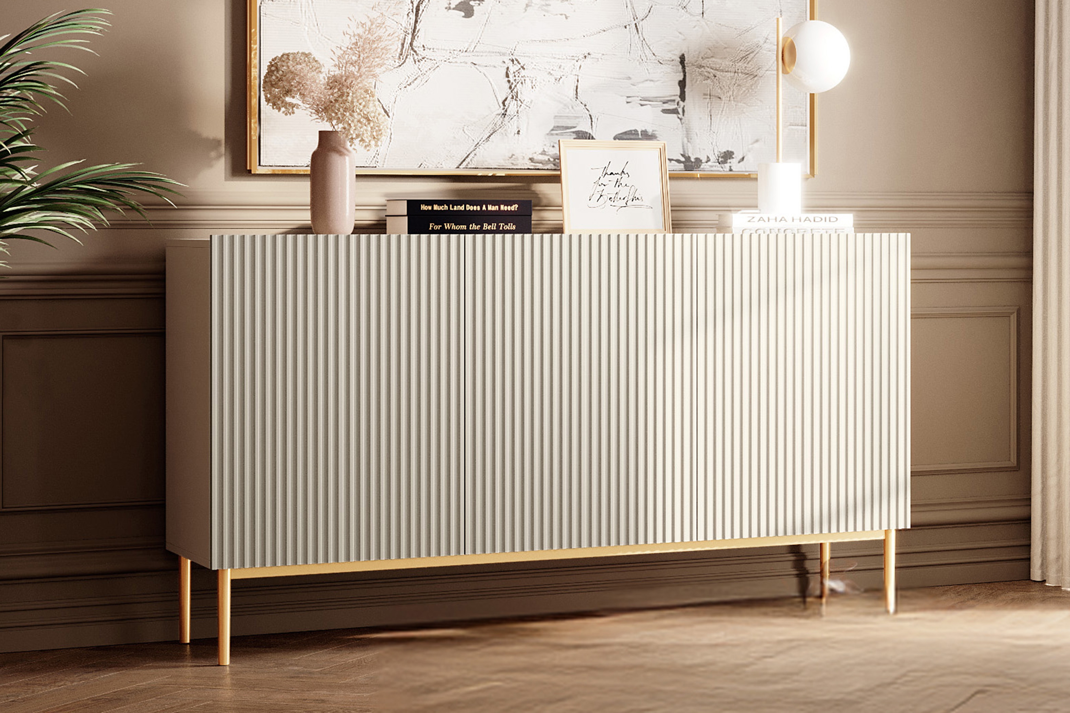 Komoda Nicole 150 cm - kašmír / zlaté nožky Komoda Nicole 150 cm třídveřová s frézovanou přední částí - kašmír / zlote nozki