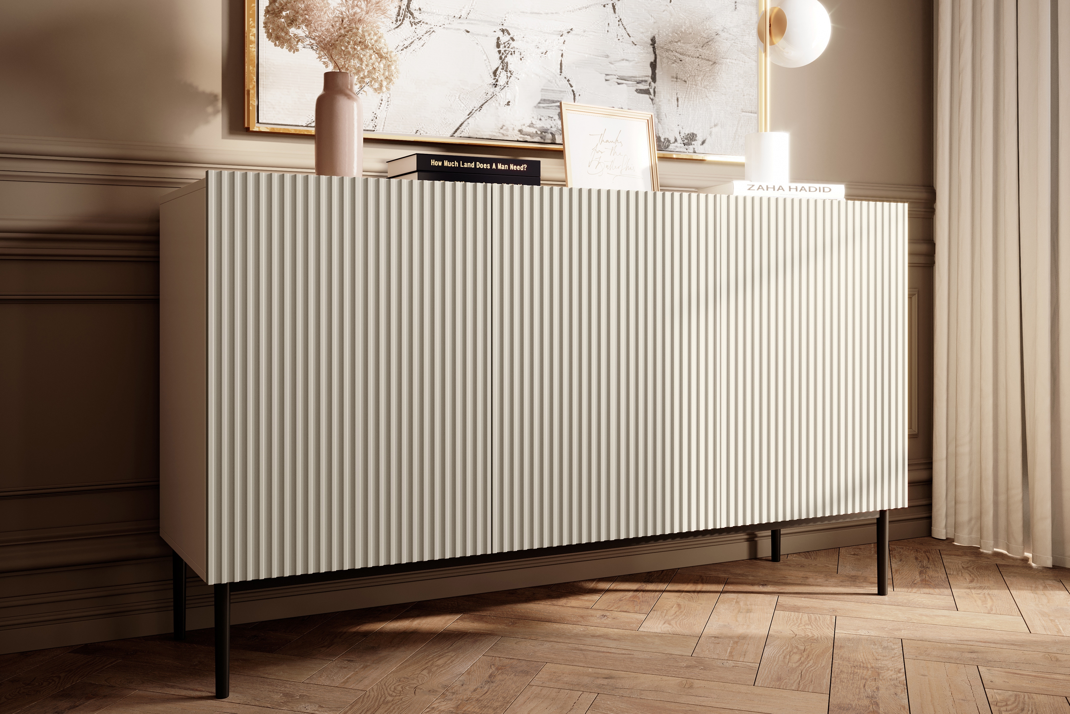 Komoda Nicole 150 cm - kašmírová / čierna Komoda Nicole 150 cm s frézovaným frontom - kašmír / čierny nozki