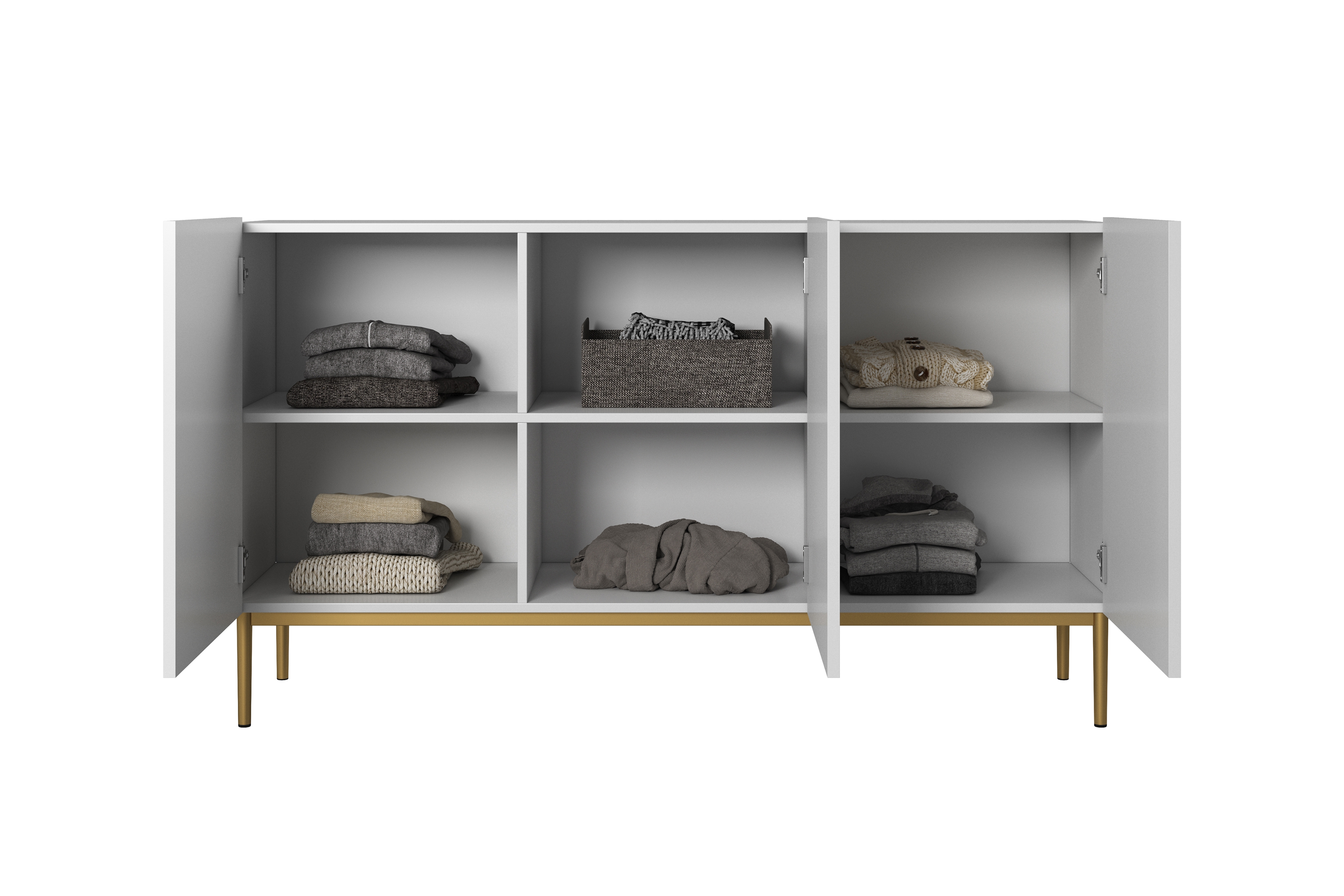 Komoda Nicole 150 cm - bílý mat / zlaté nožky Komoda Nicole 150 cm s frézovanou přední částí i metalowymi nogami- bílý mat / zlaté nozki